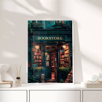 Framed Paper Print - Midnight Bookstore Glow