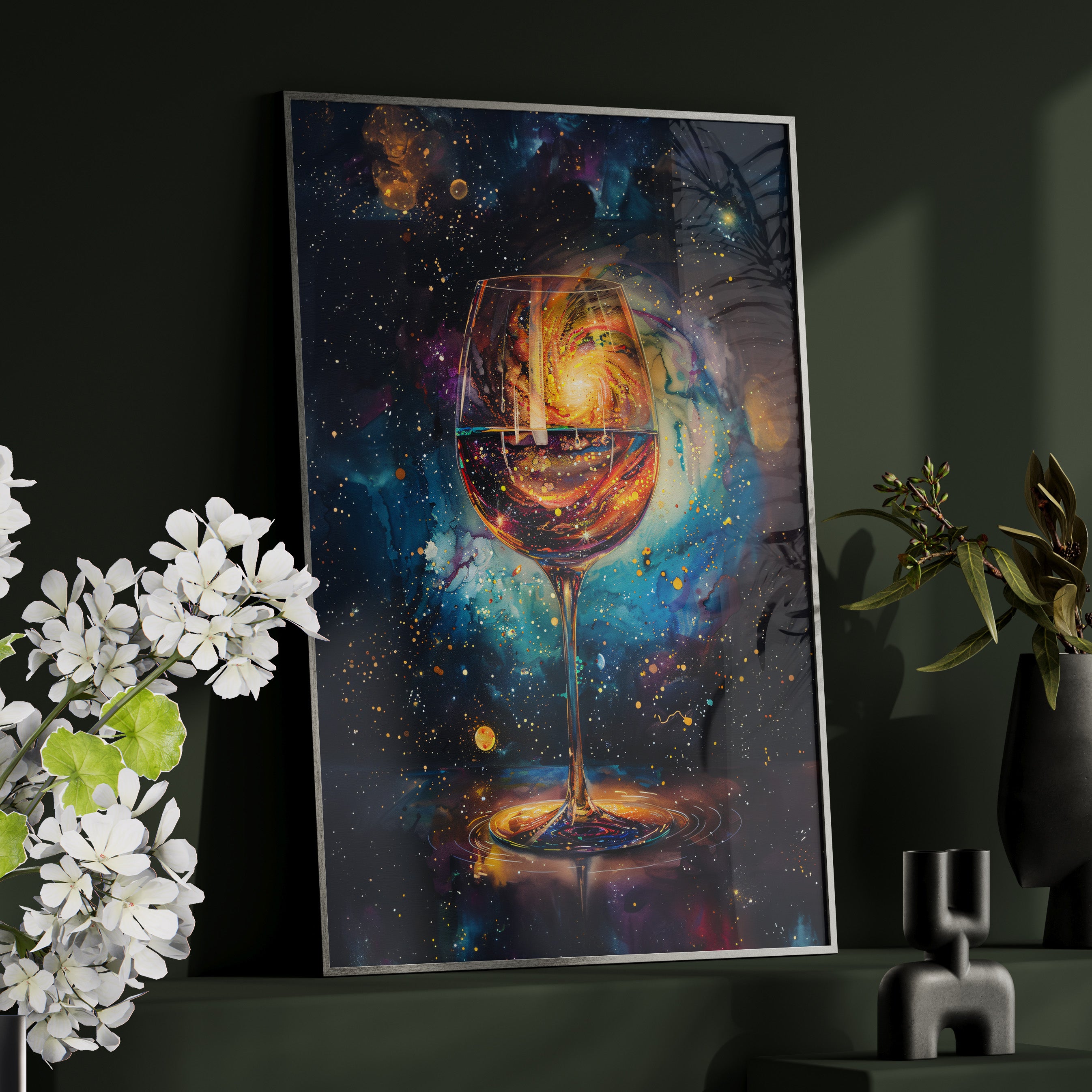 Framed Paper Print - Cosmic Swirl in Wine Glass