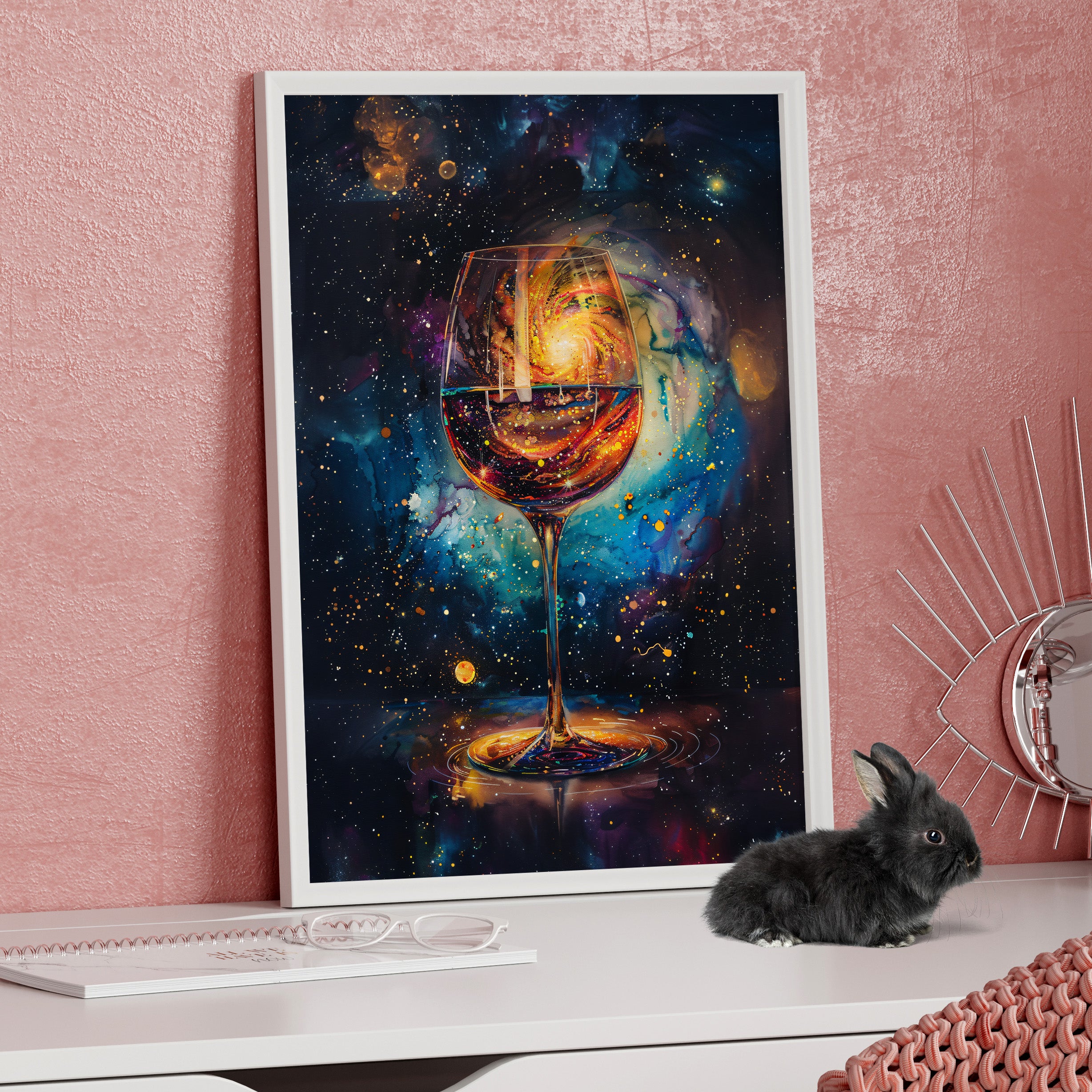 Framed Paper Print - Cosmic Swirl in Wine Glass