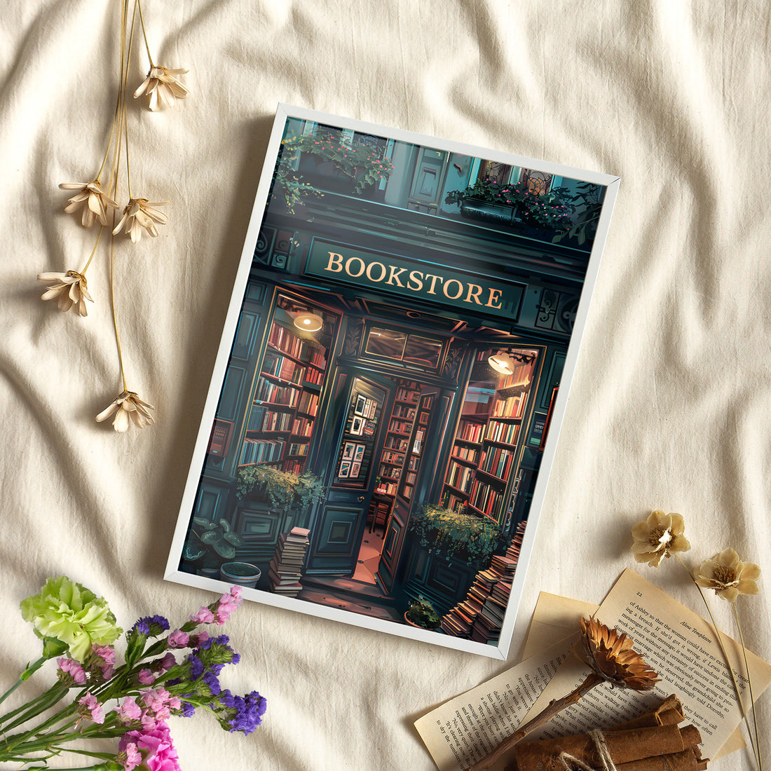 Framed Paper Print - Midnight Bookstore Glow