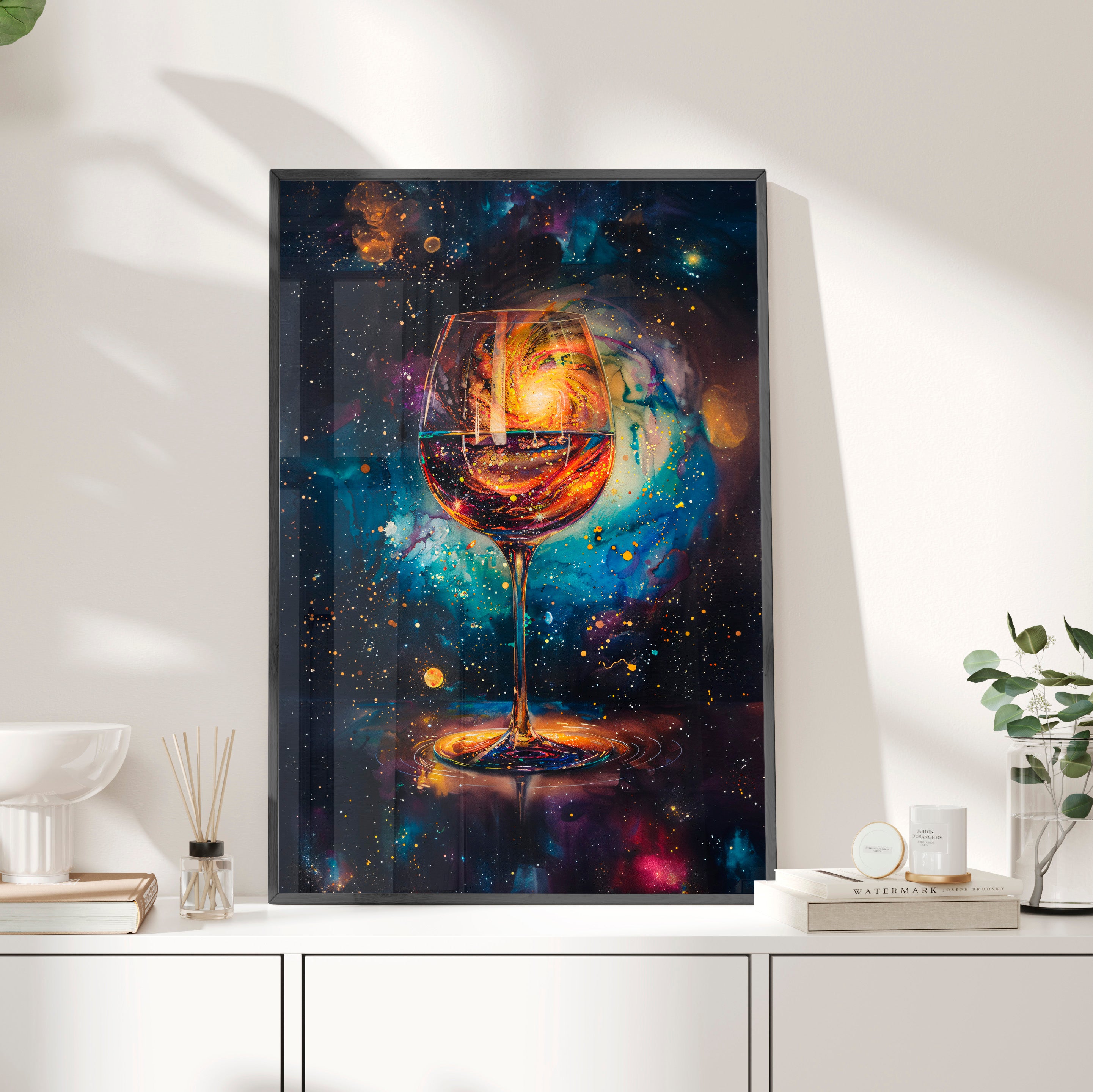 Framed Paper Print - Cosmic Swirl in Wine Glass