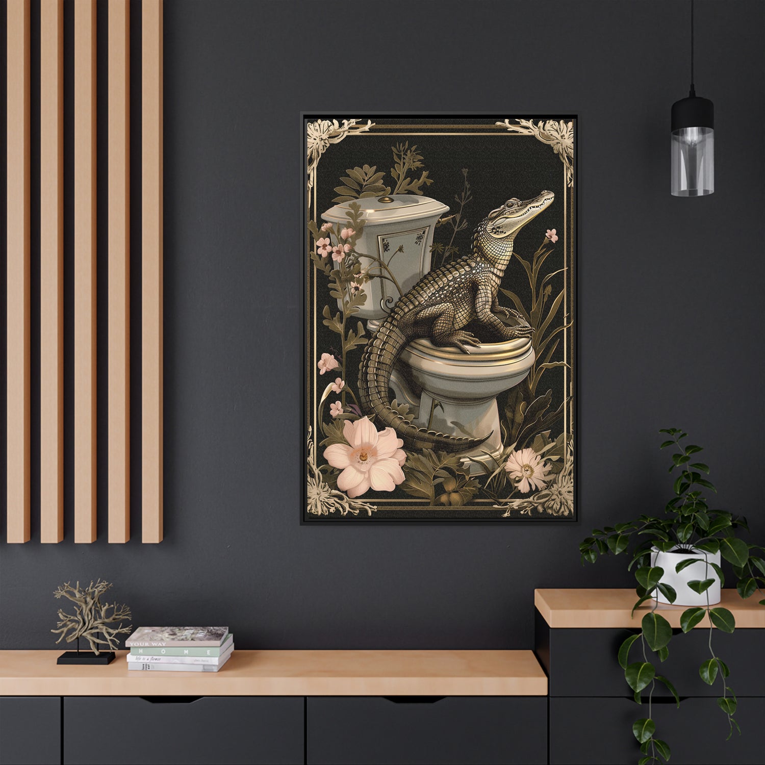 Framed Canvas - Toilet Gator Floral Surprise