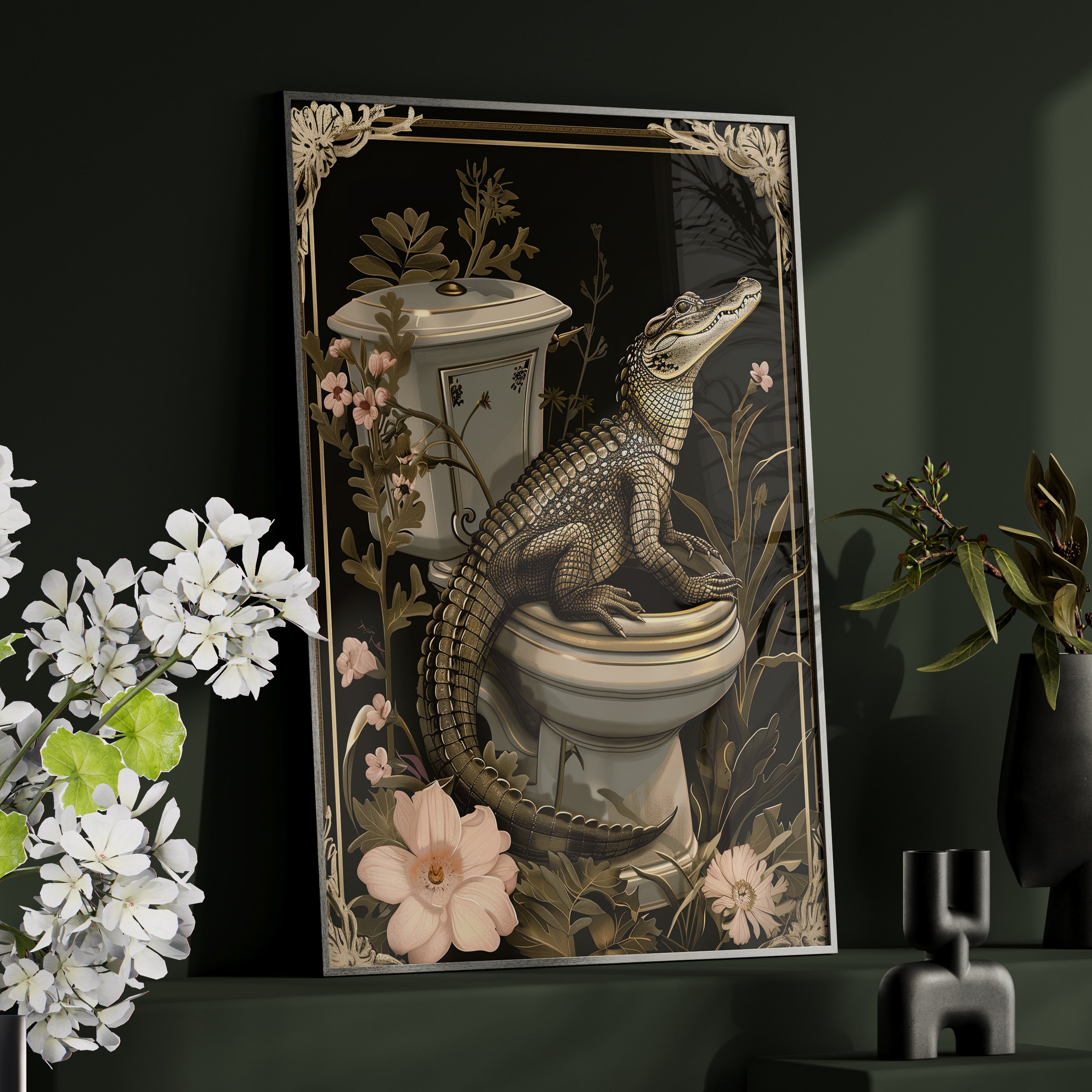 Framed Paper Print - Toilet Gator Floral Surprise