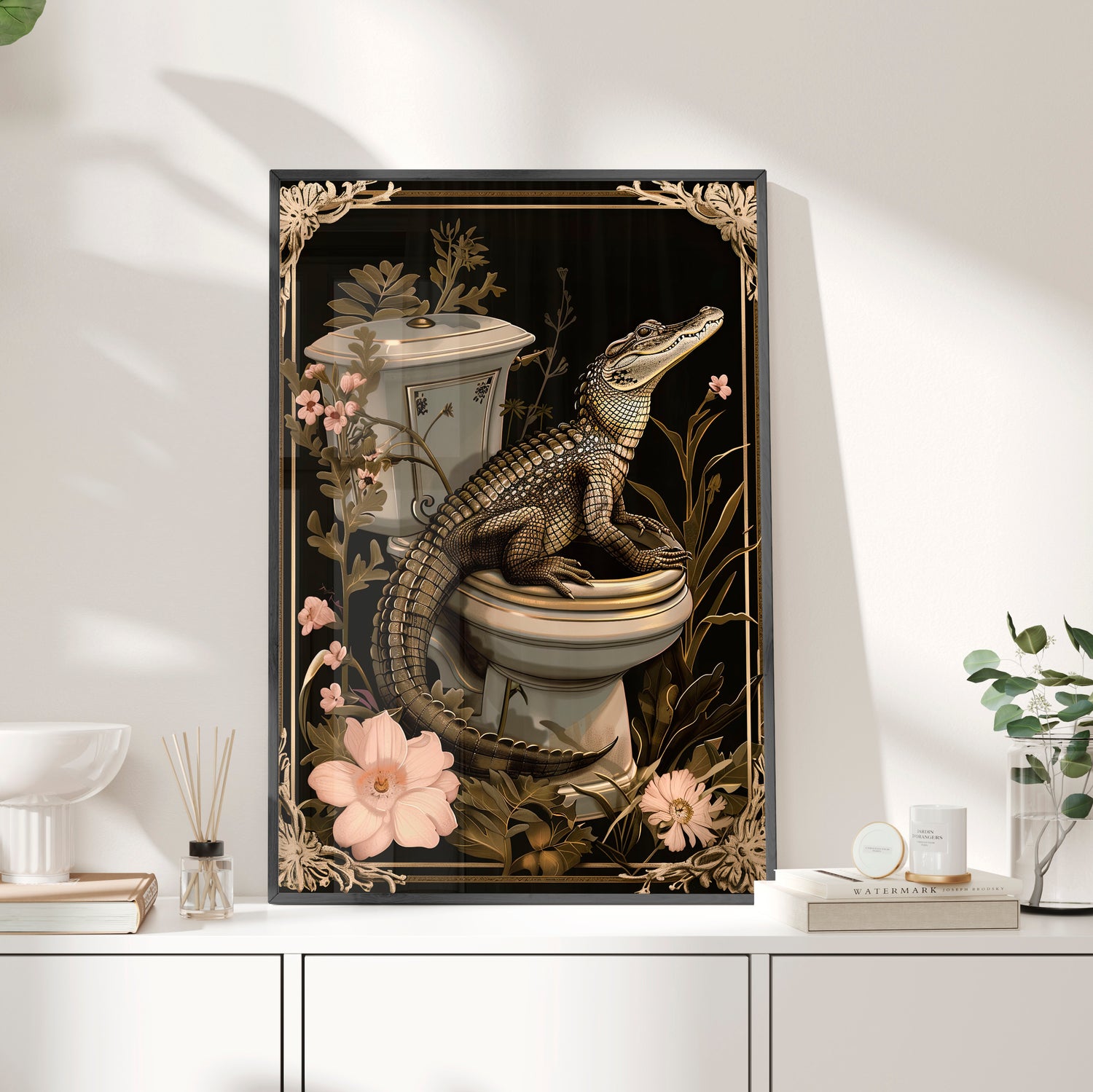 Framed Paper Print - Toilet Gator Floral Surprise