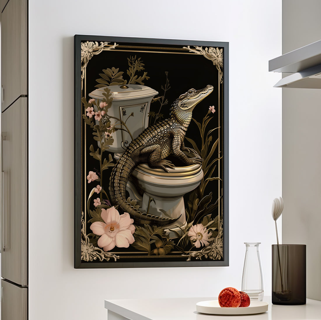 Framed Paper Print - Toilet Gator Floral Surprise