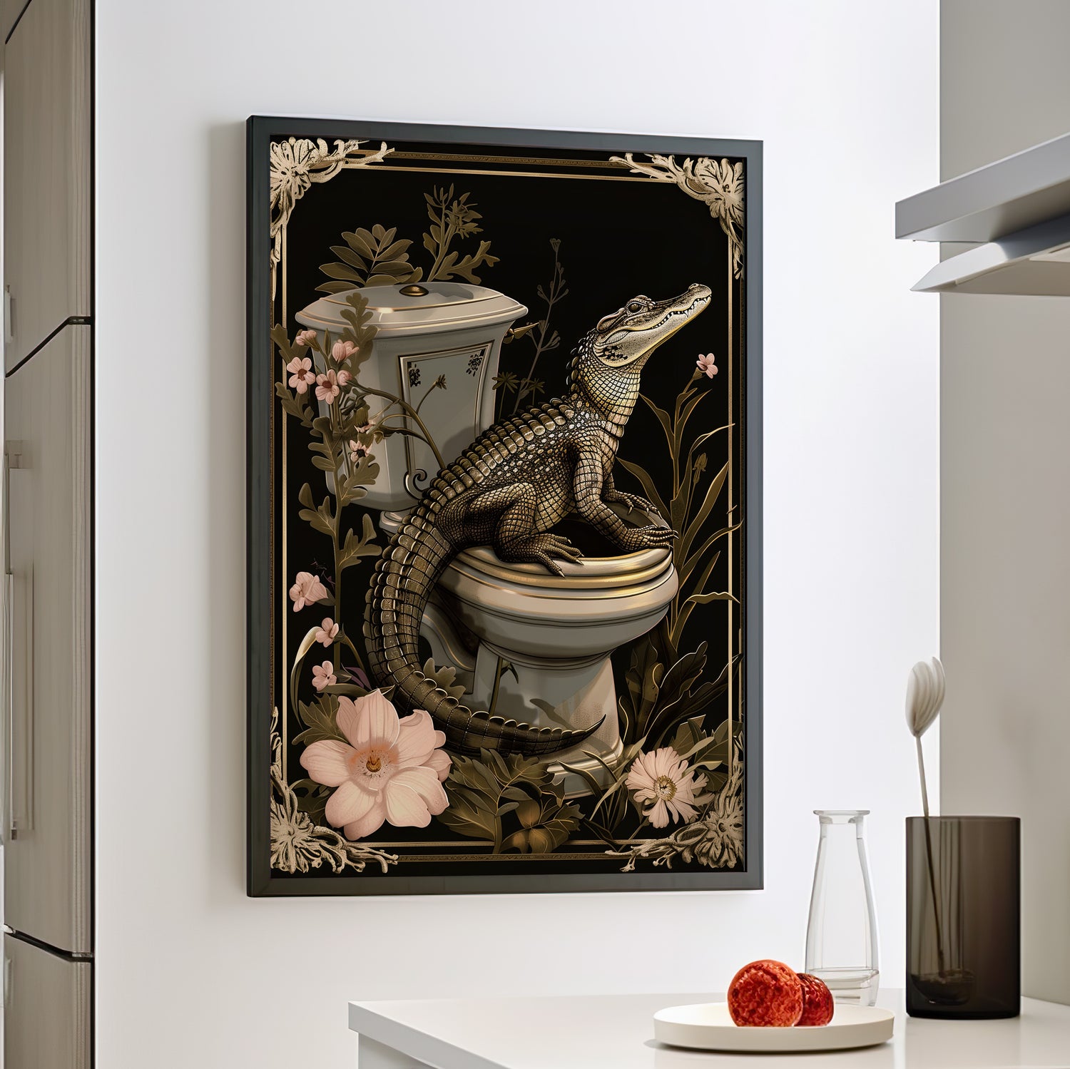 Framed Paper Print - Toilet Gator Floral Surprise