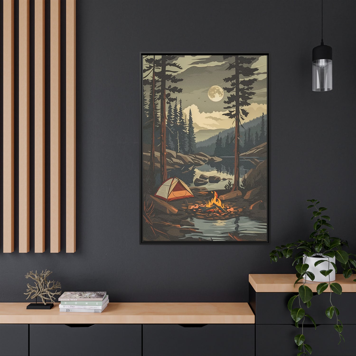 Framed Canvas - Moonlit Campfire Escape