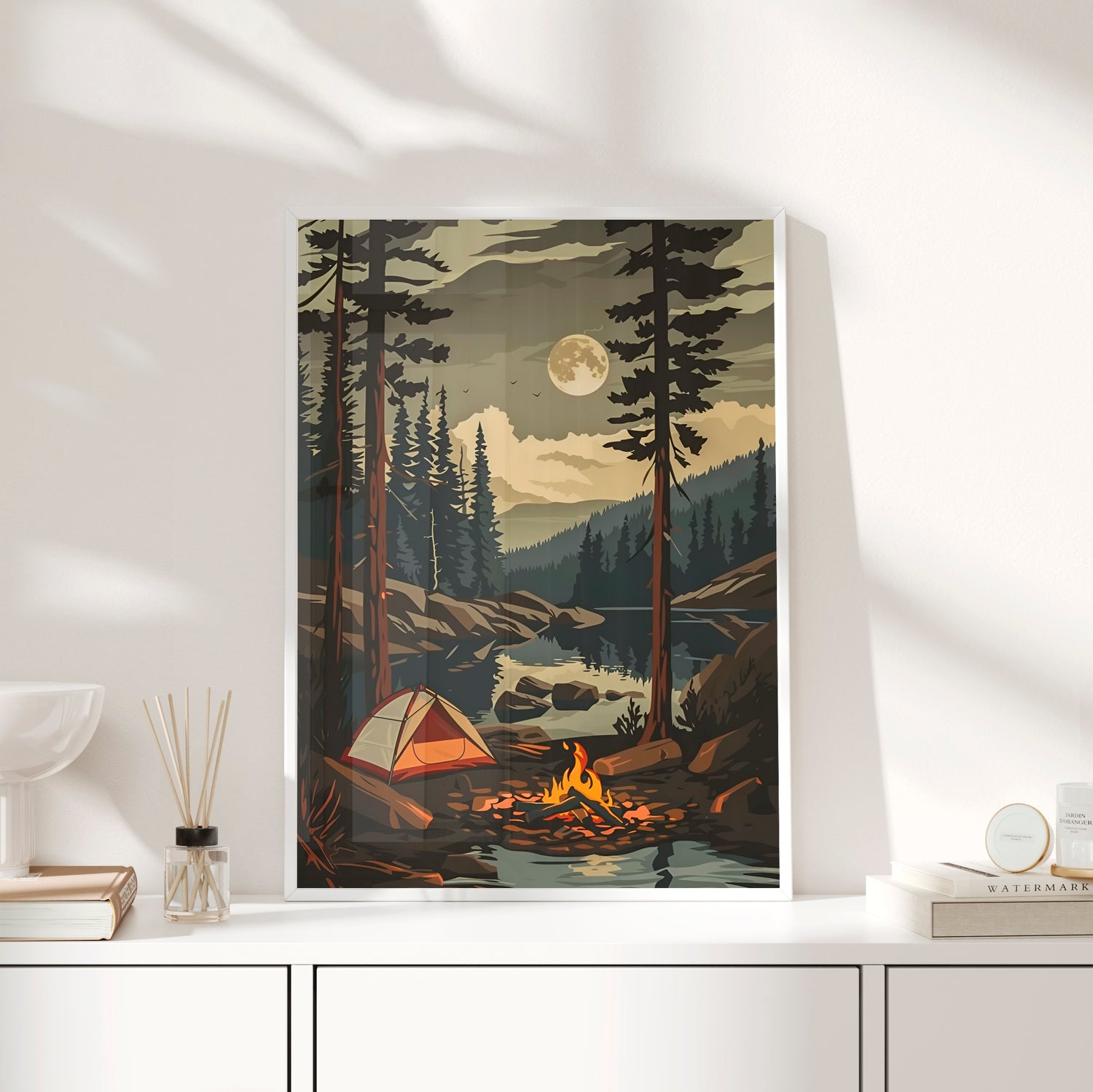 Framed Paper Print - Moonlit Campfire Escape