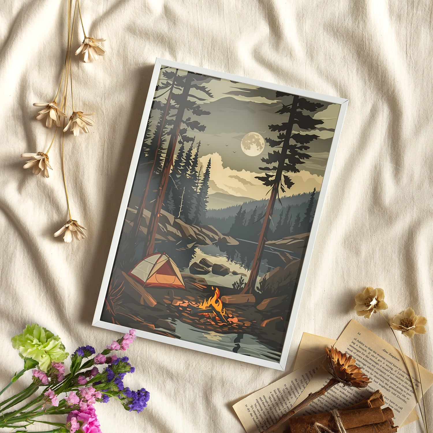 Framed Paper Print - Moonlit Campfire Escape