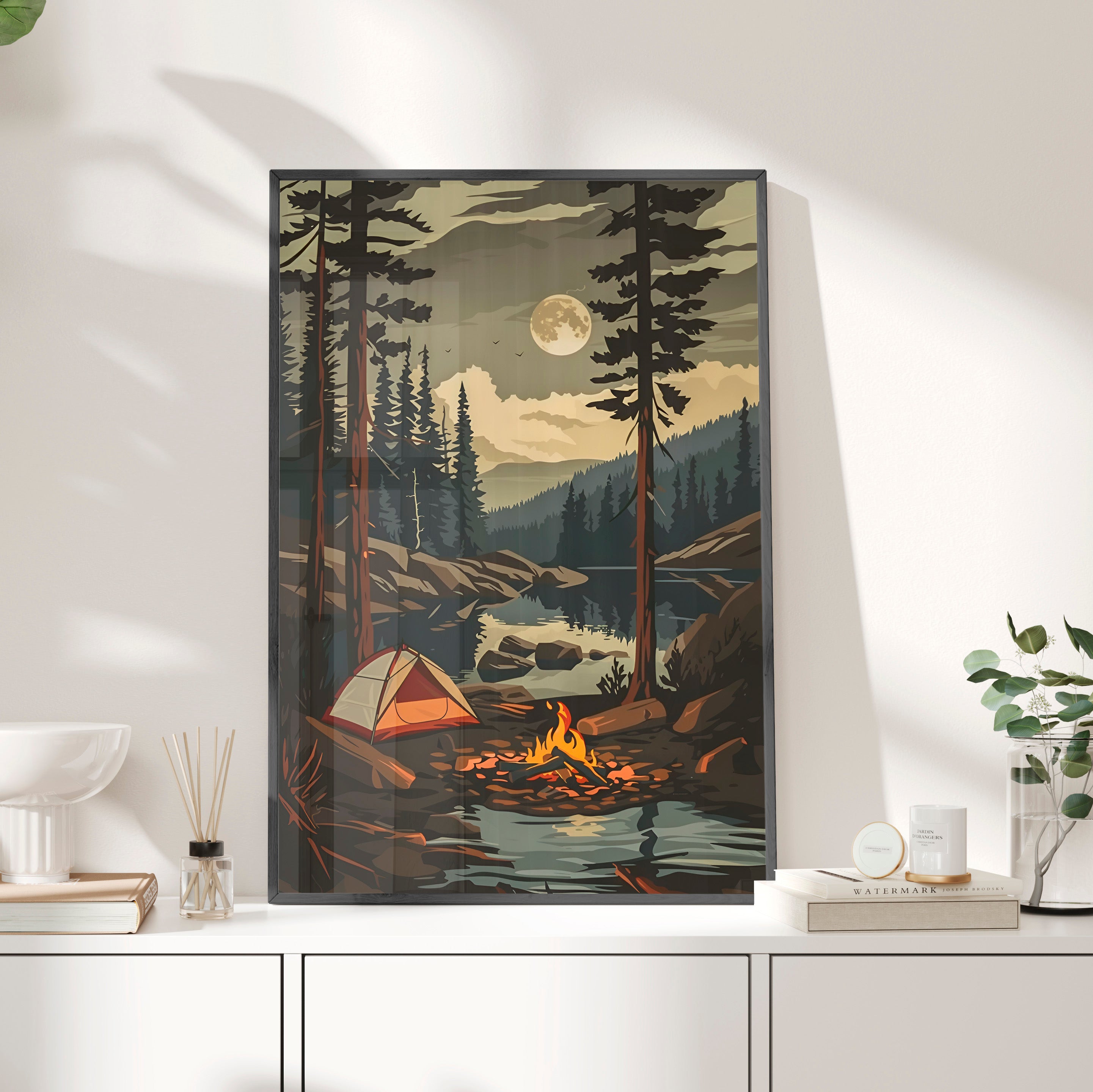 Framed Paper Print - Moonlit Campfire Escape