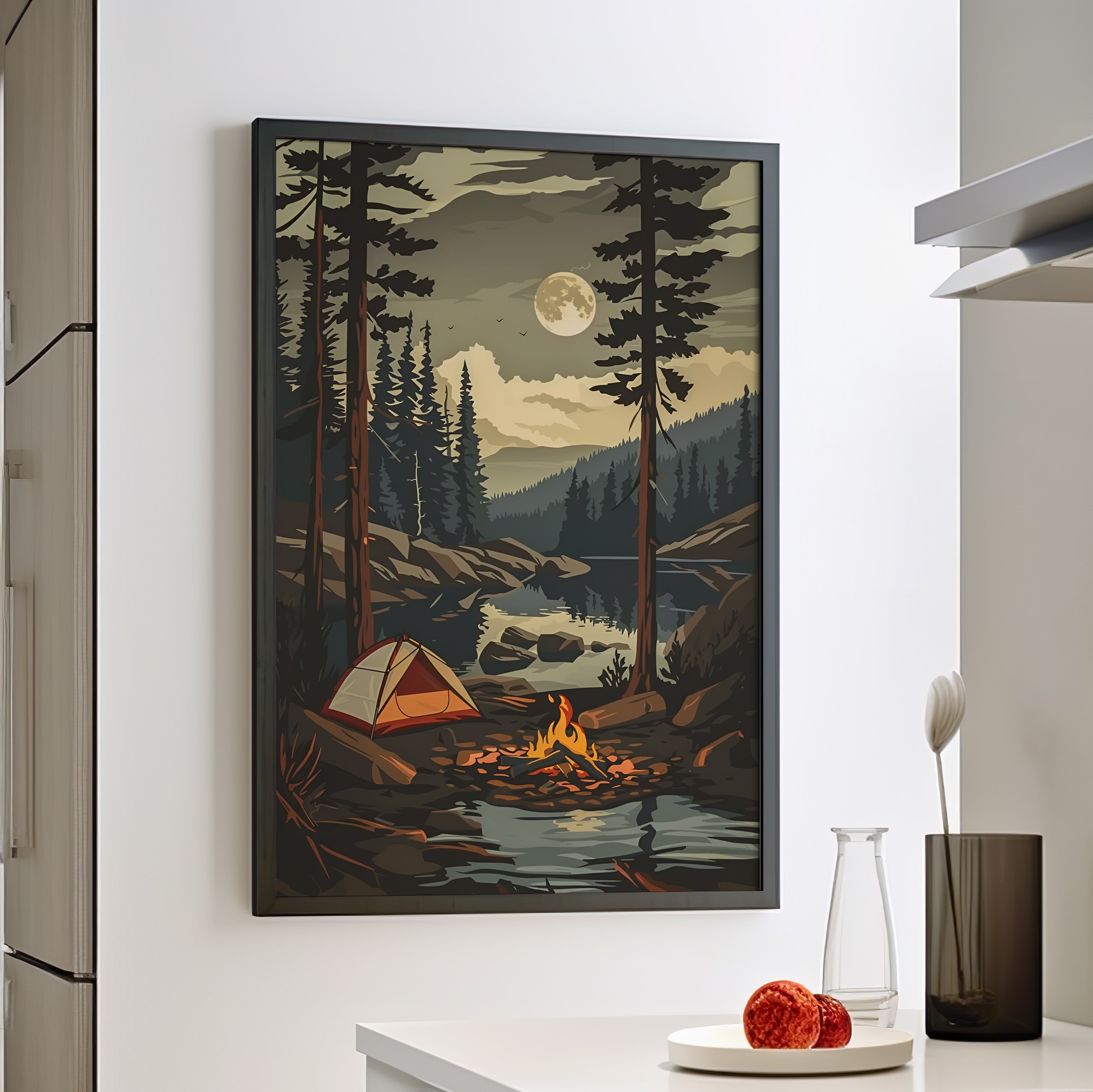 Framed Paper Print - Moonlit Campfire Escape