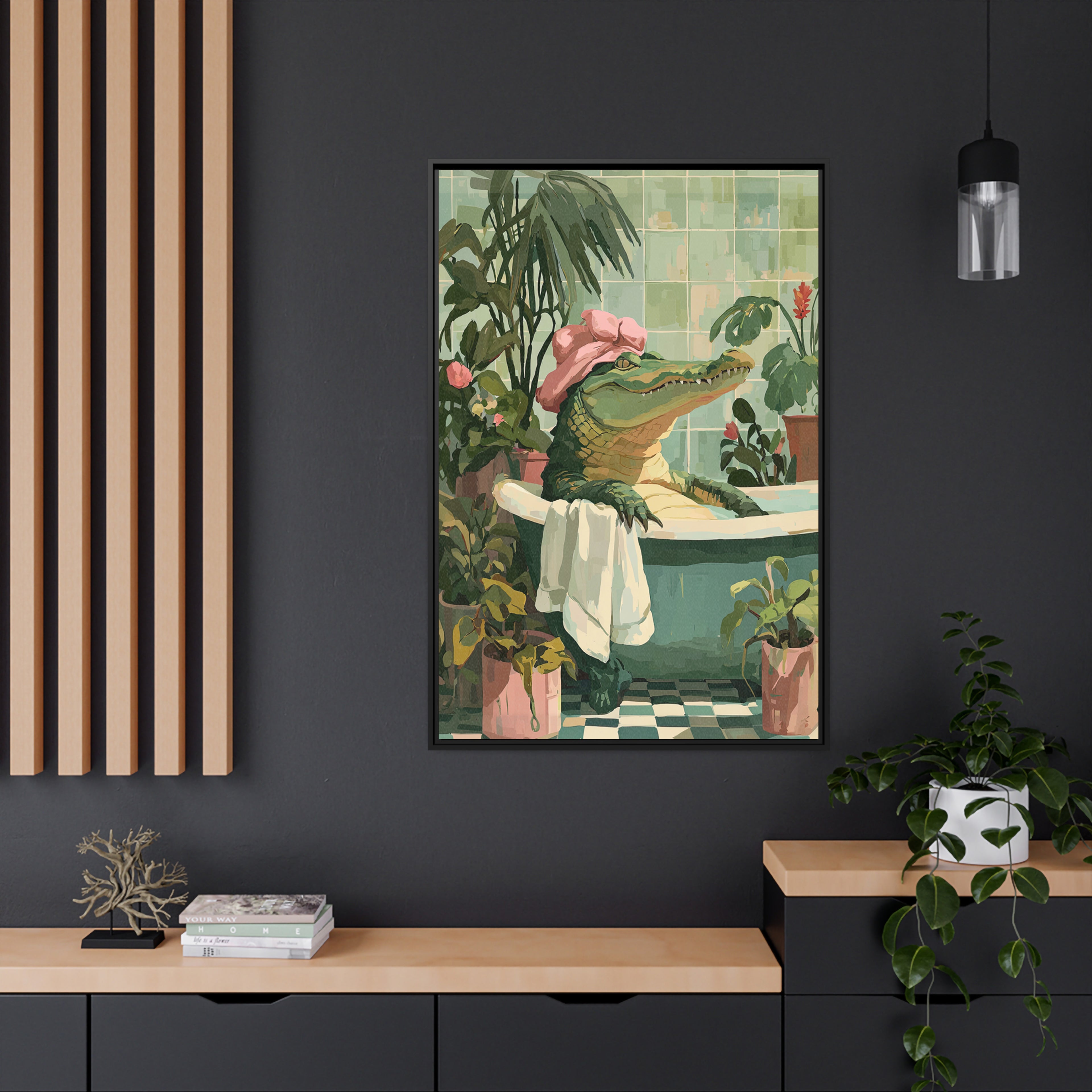 Framed Canvas - Bathtub Alligator Spa Day