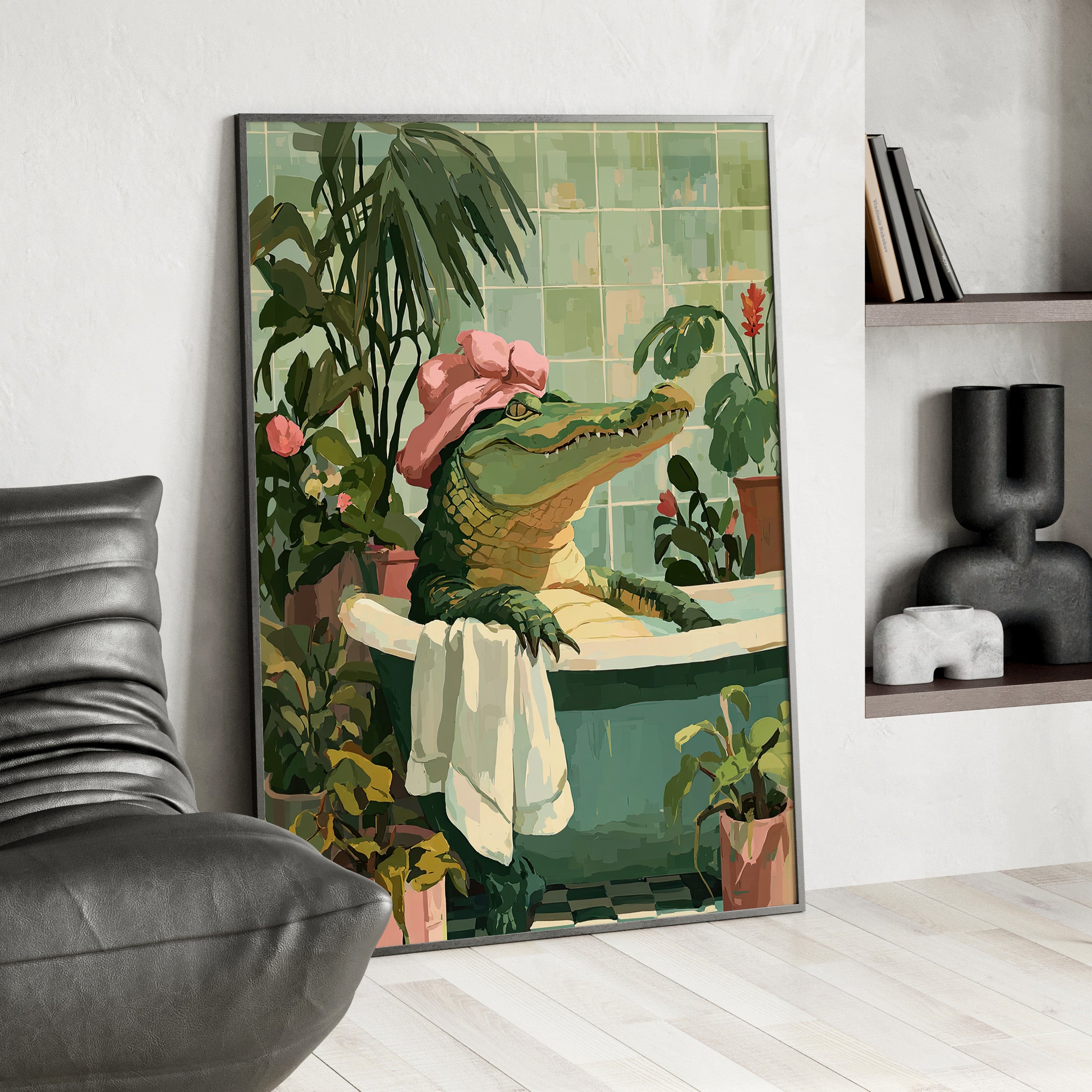 Framed Paper Print - Bathtub Alligator Spa Day