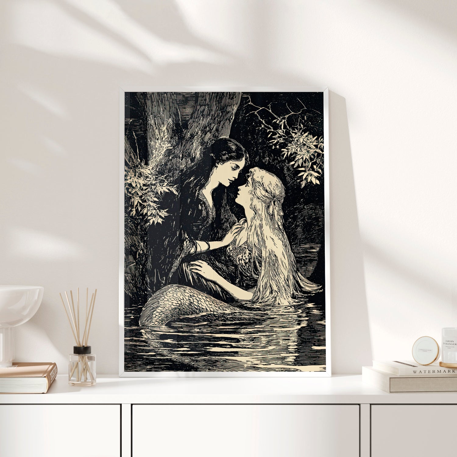 Framed Paper Print - Mermaid Fairy Midnight Kiss