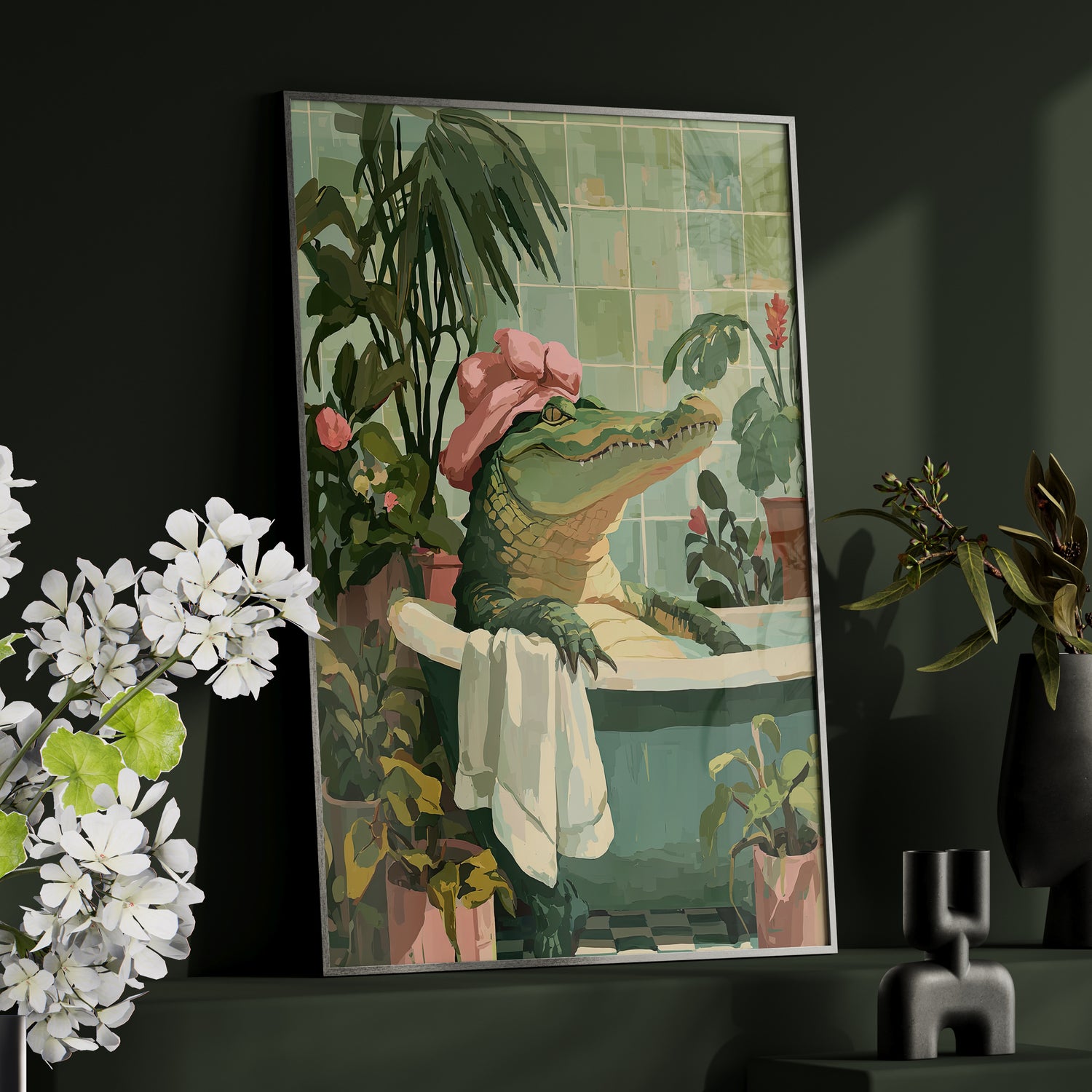 Framed Paper Print - Bathtub Alligator Spa Day