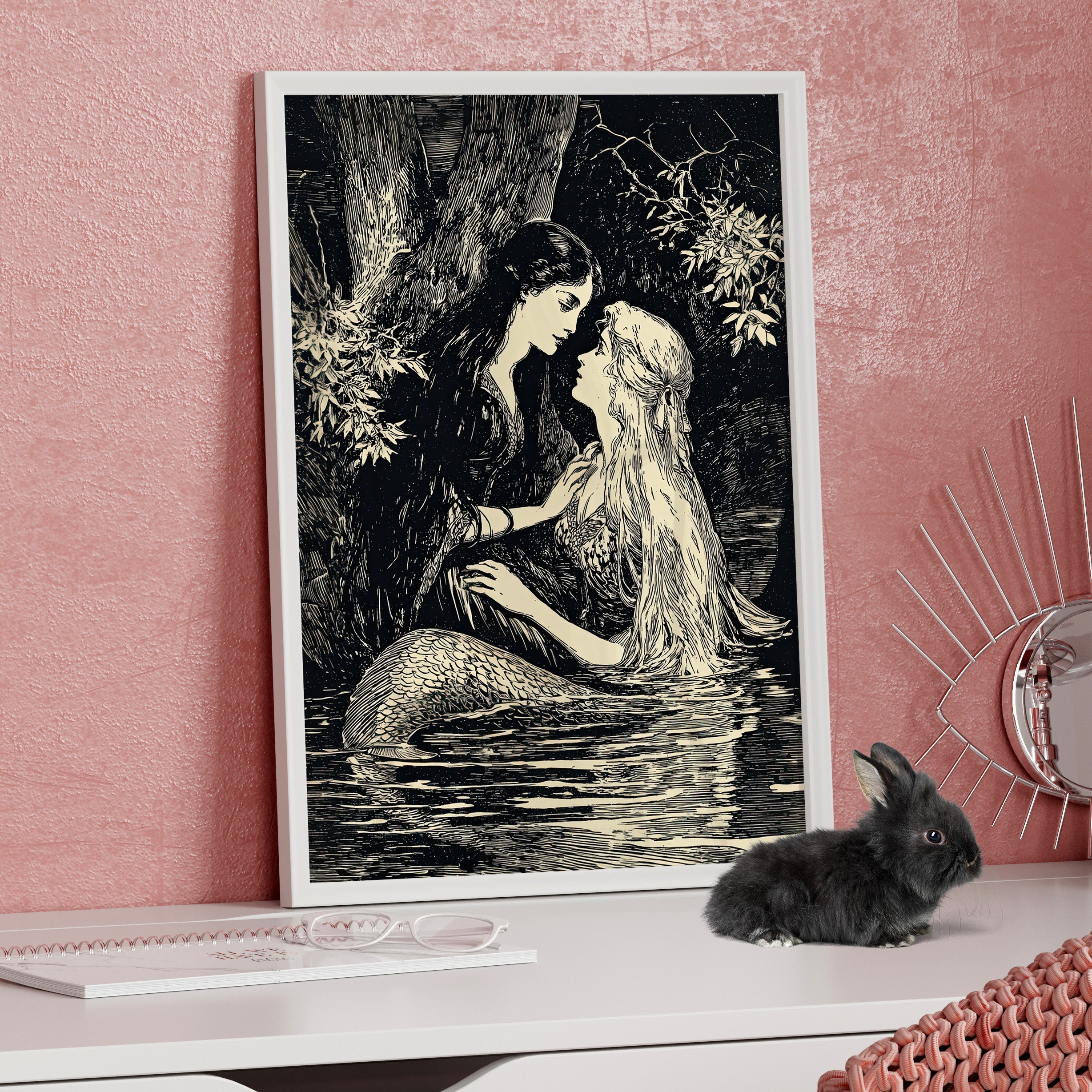 Framed Paper Print - Mermaid Fairy Midnight Kiss