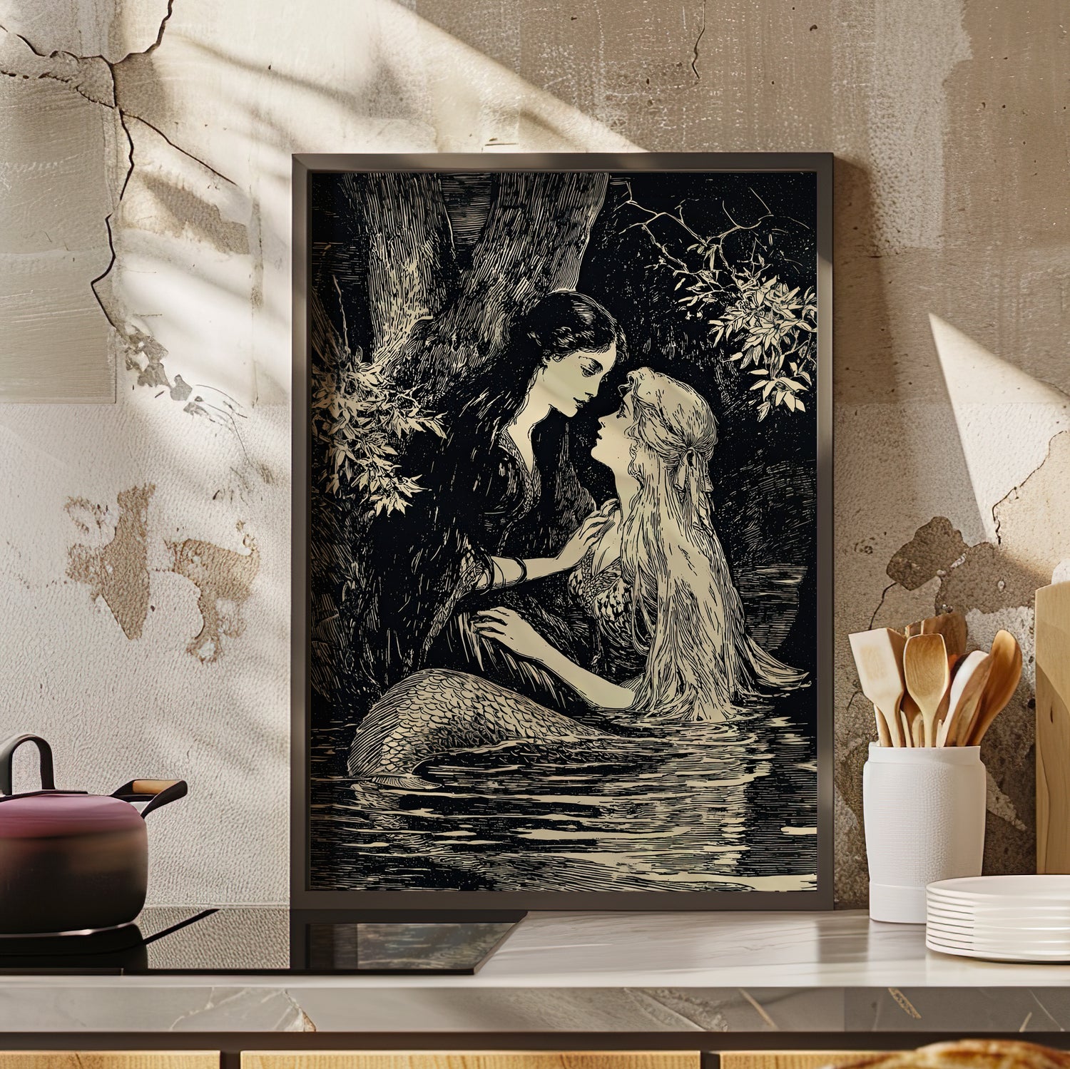Framed Paper Print - Mermaid Fairy Midnight Kiss