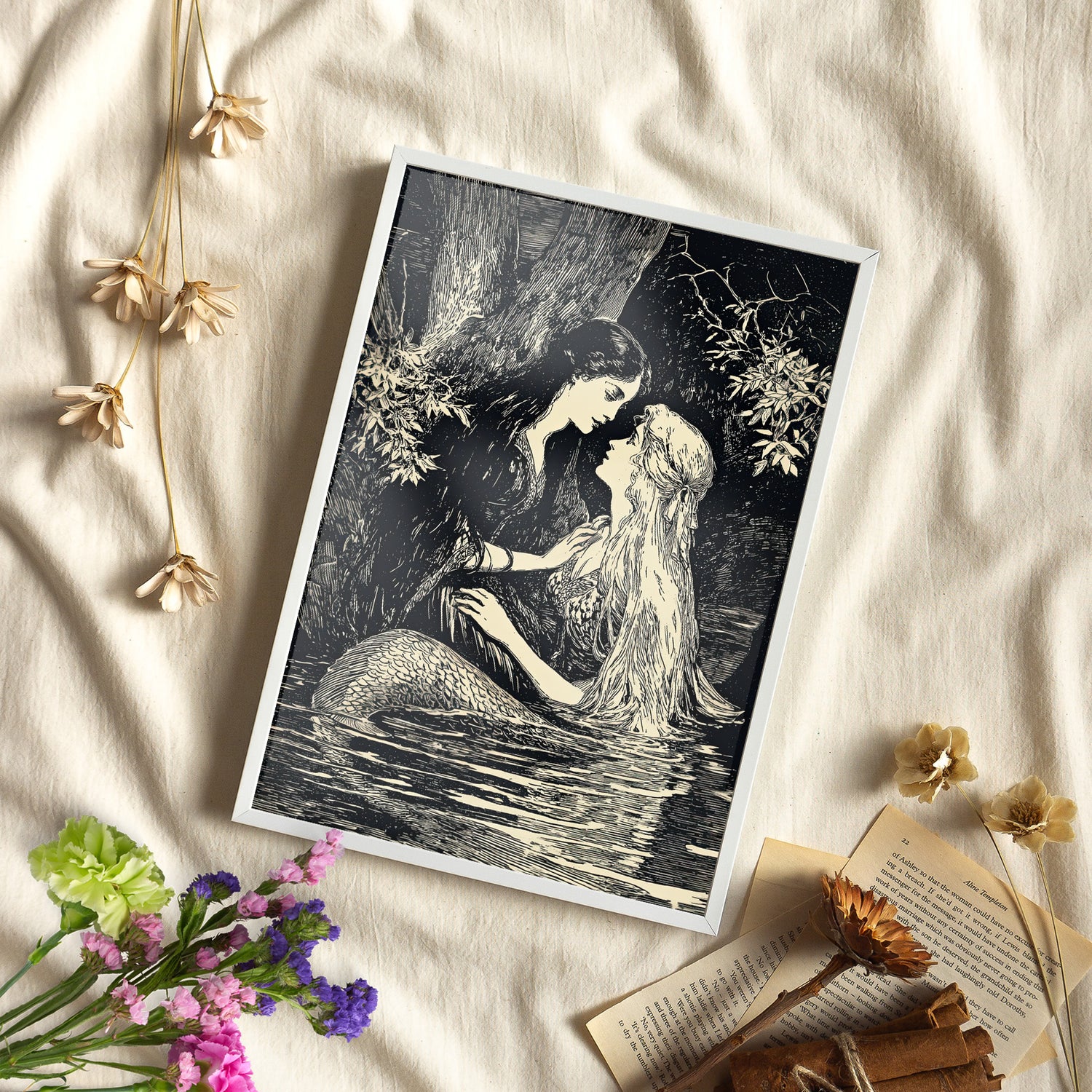 Framed Paper Print - Mermaid Fairy Midnight Kiss