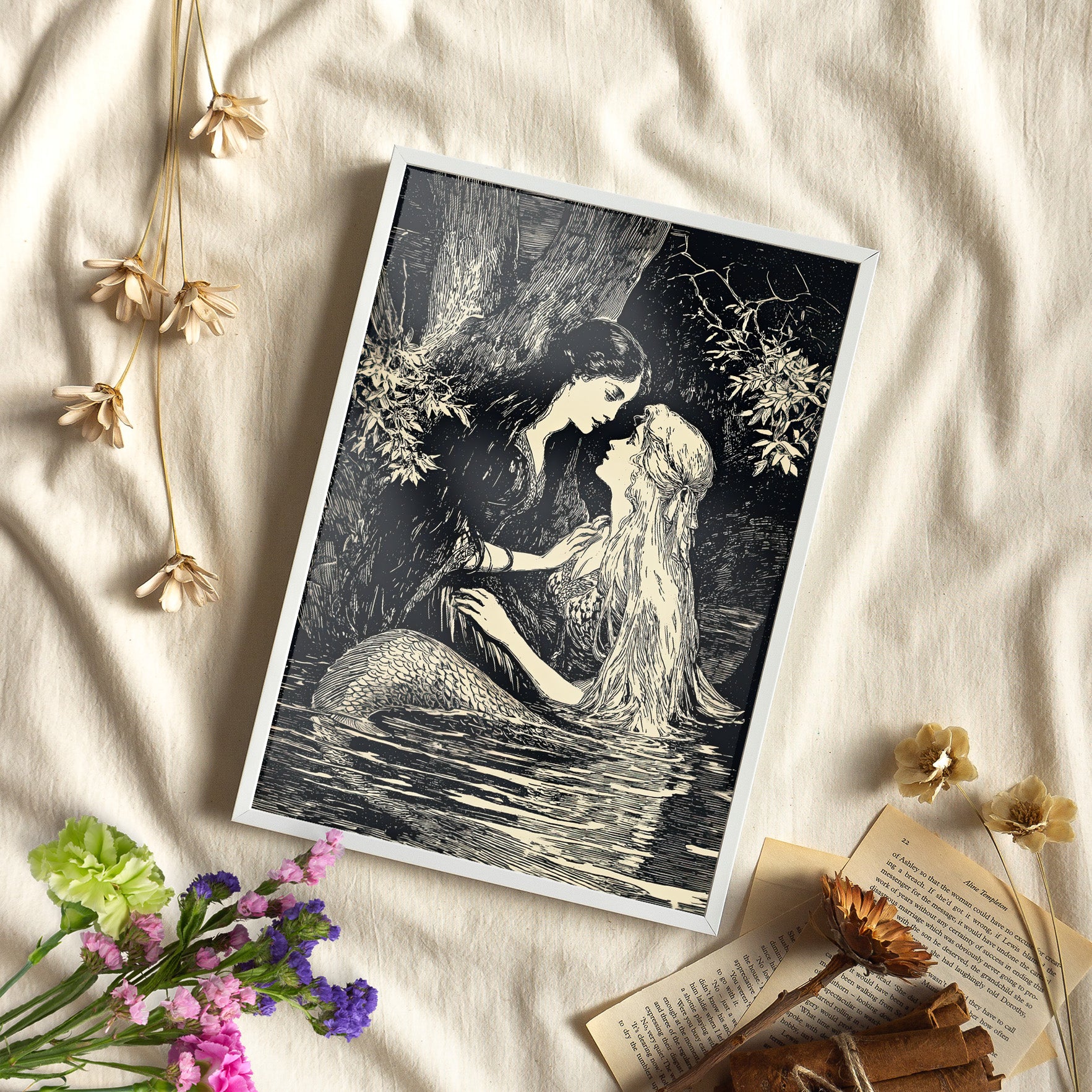Framed Paper Print - Mermaid Fairy Midnight Kiss