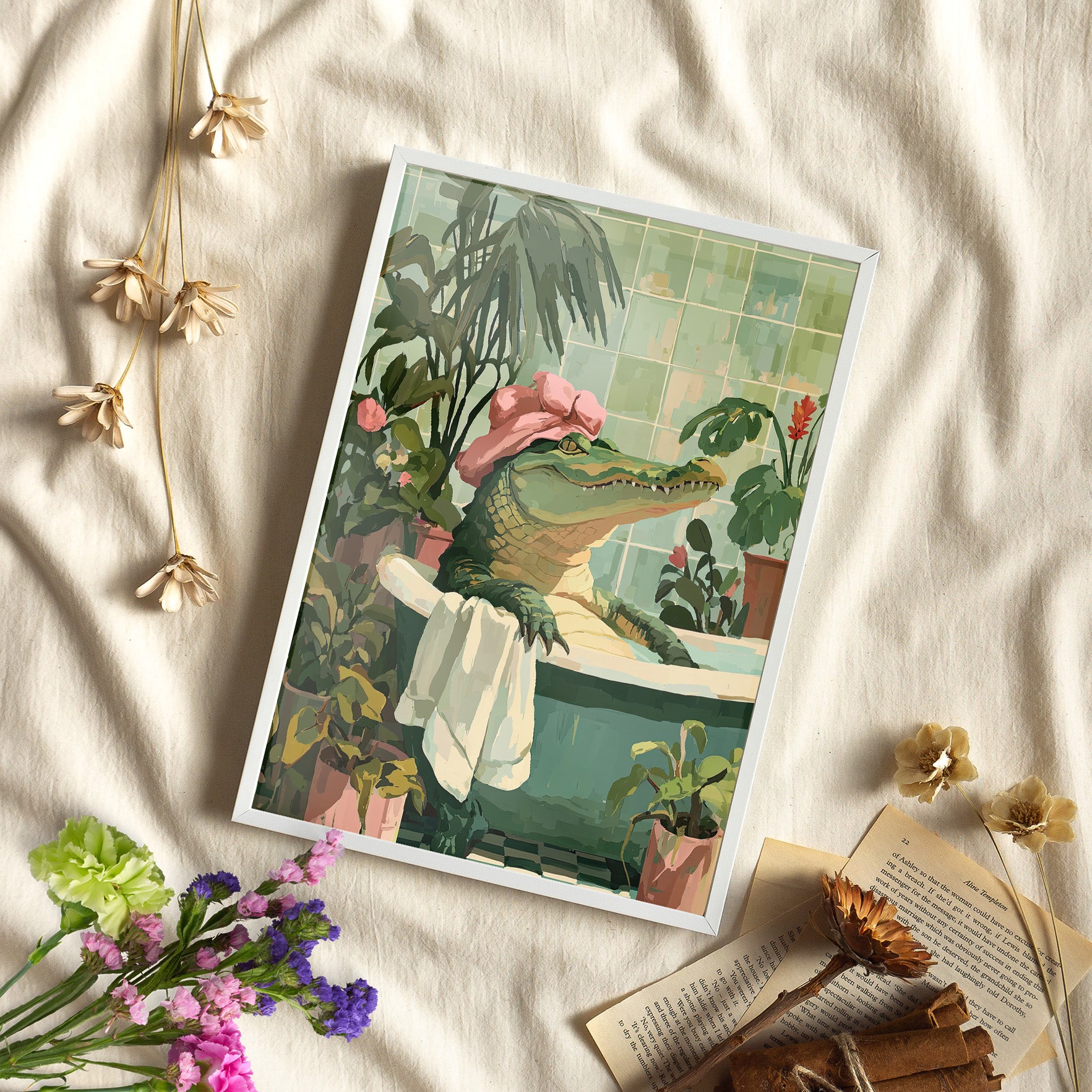 Framed Paper Print - Bathtub Alligator Spa Day