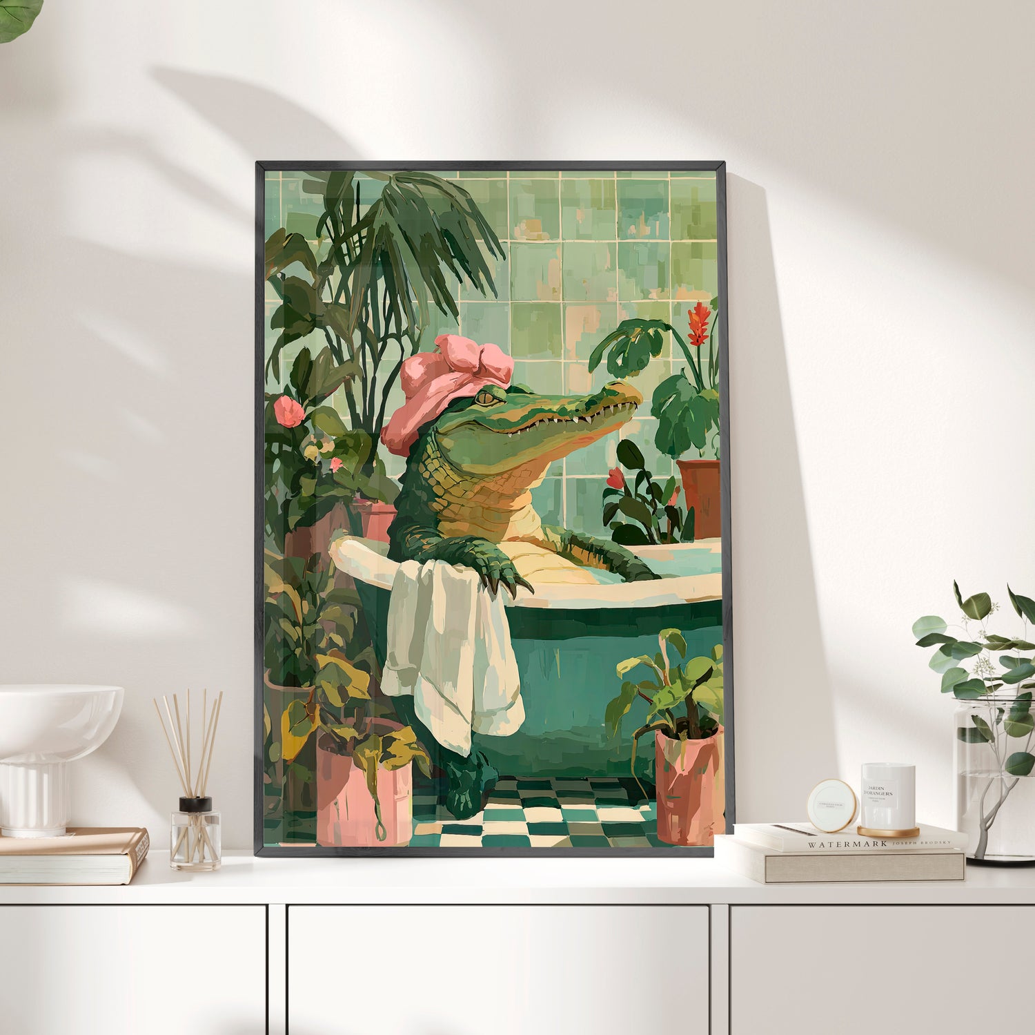 Framed Paper Print - Bathtub Alligator Spa Day