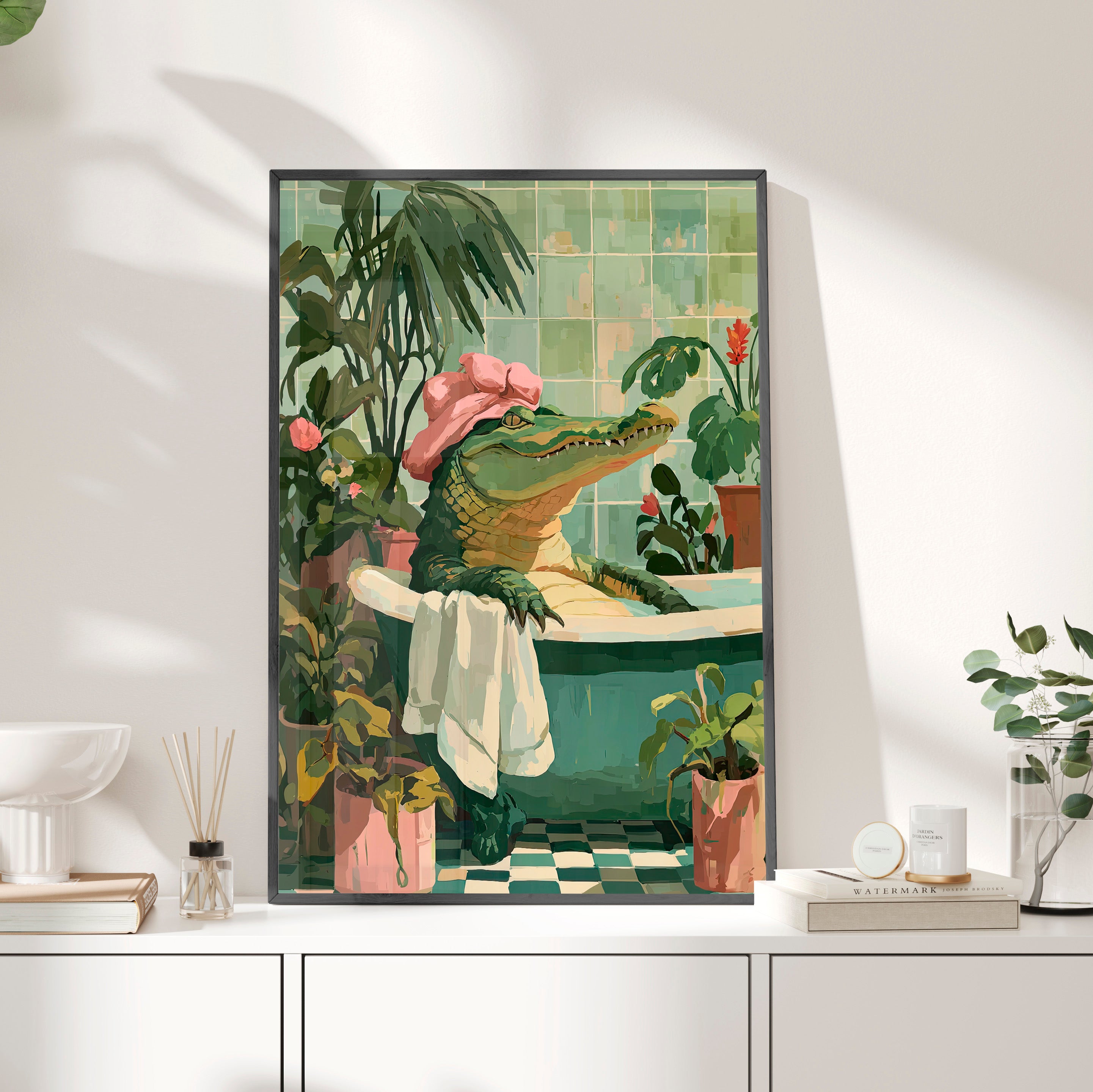 Framed Paper Print - Bathtub Alligator Spa Day