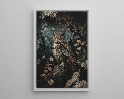 Framed Canvas - Midnight Watchful Owl