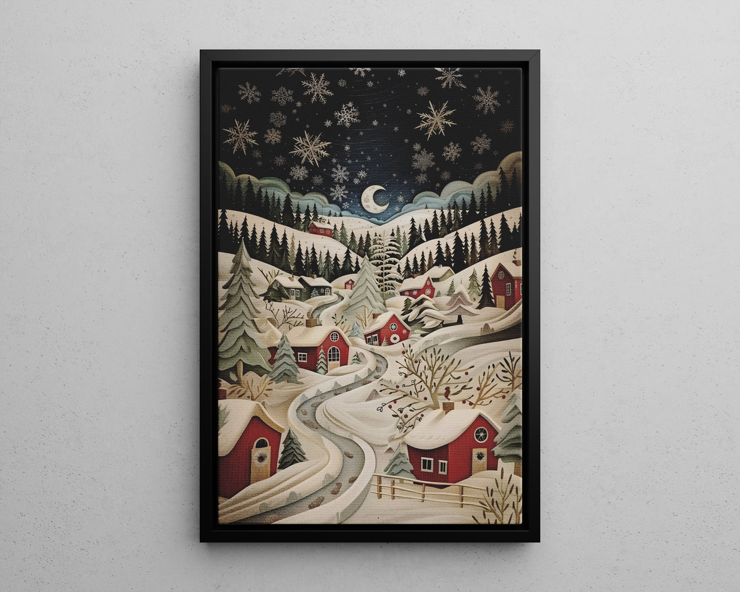Framed Canvas - Silent Snowfall Village