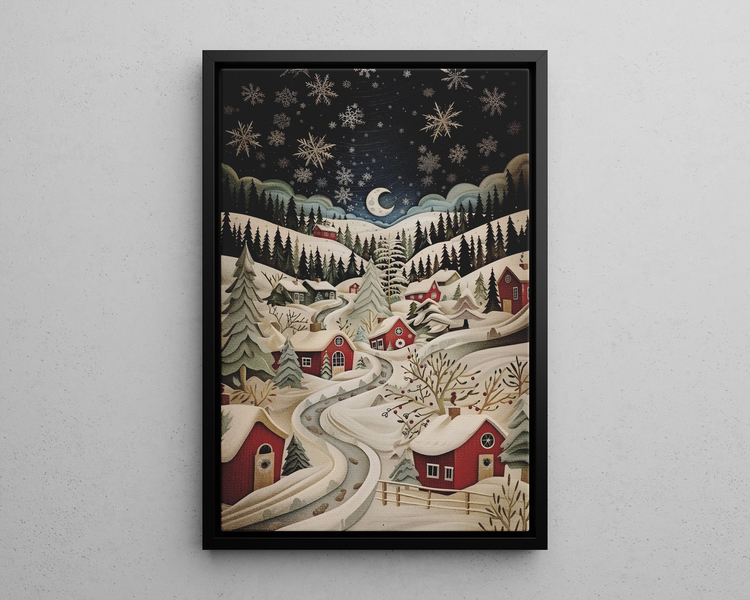 Framed Canvas - Silent Snowfall Village