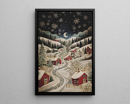 Framed Canvas - Silent Snowfall Village
