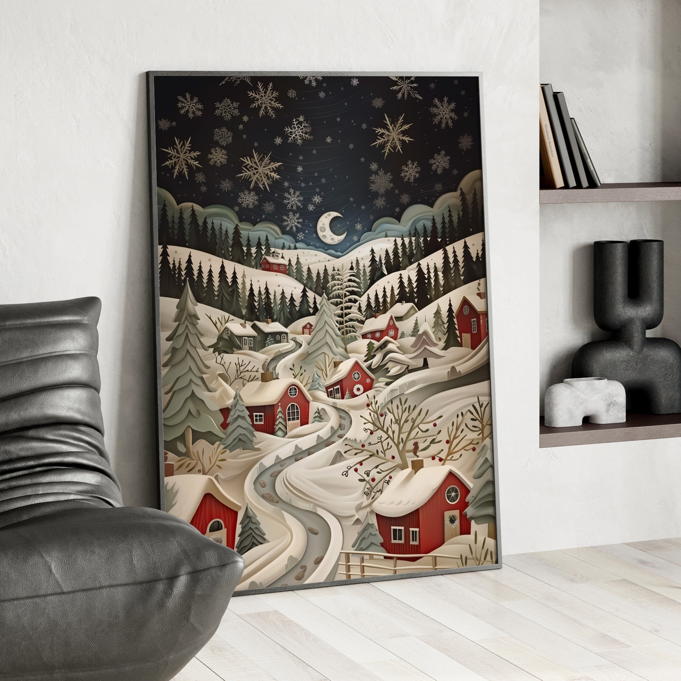 Framed Paper Print - Silent Snowfall Village