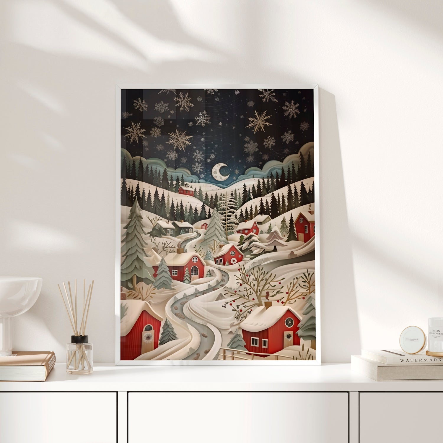 Framed Paper Print - Silent Snowfall Village