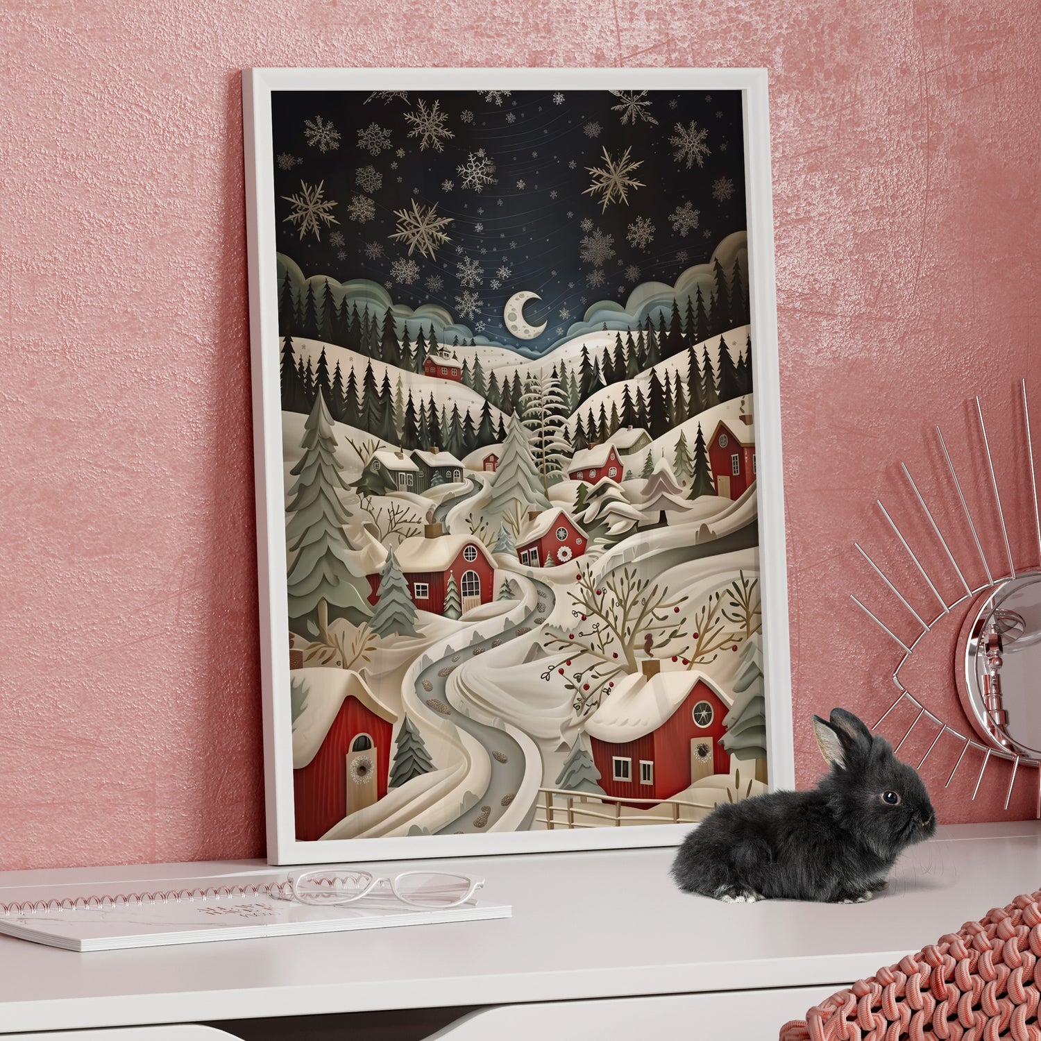 Framed Paper Print - Silent Snowfall Village