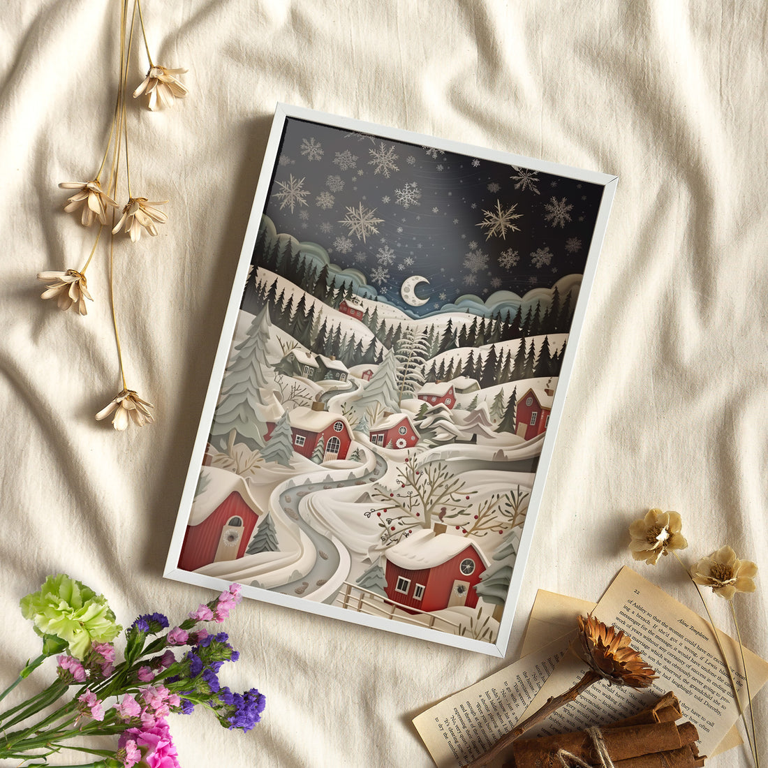Framed Paper Print - Silent Snowfall Village