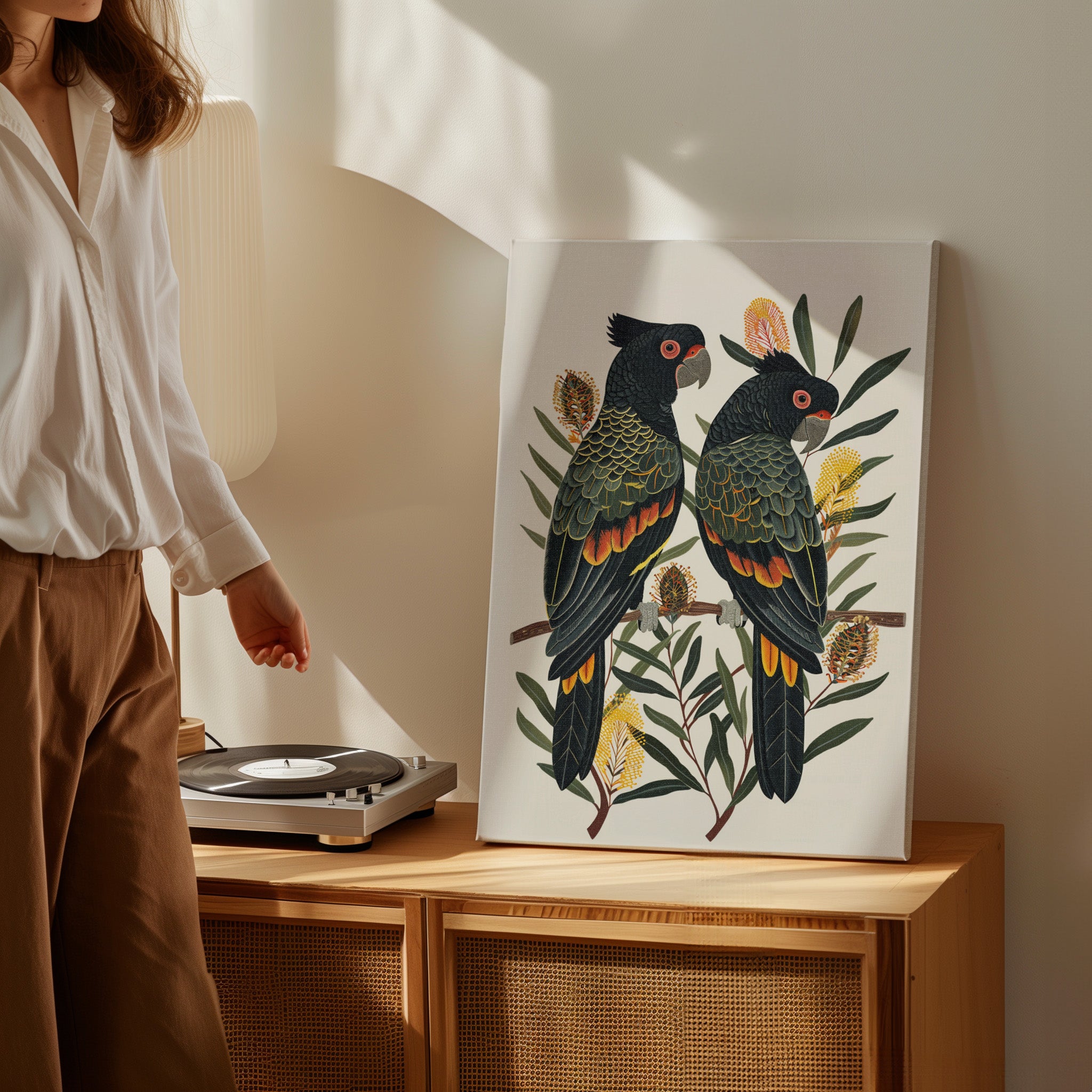 .75" Matte Canvas - Black Cockatoos Among Banksia