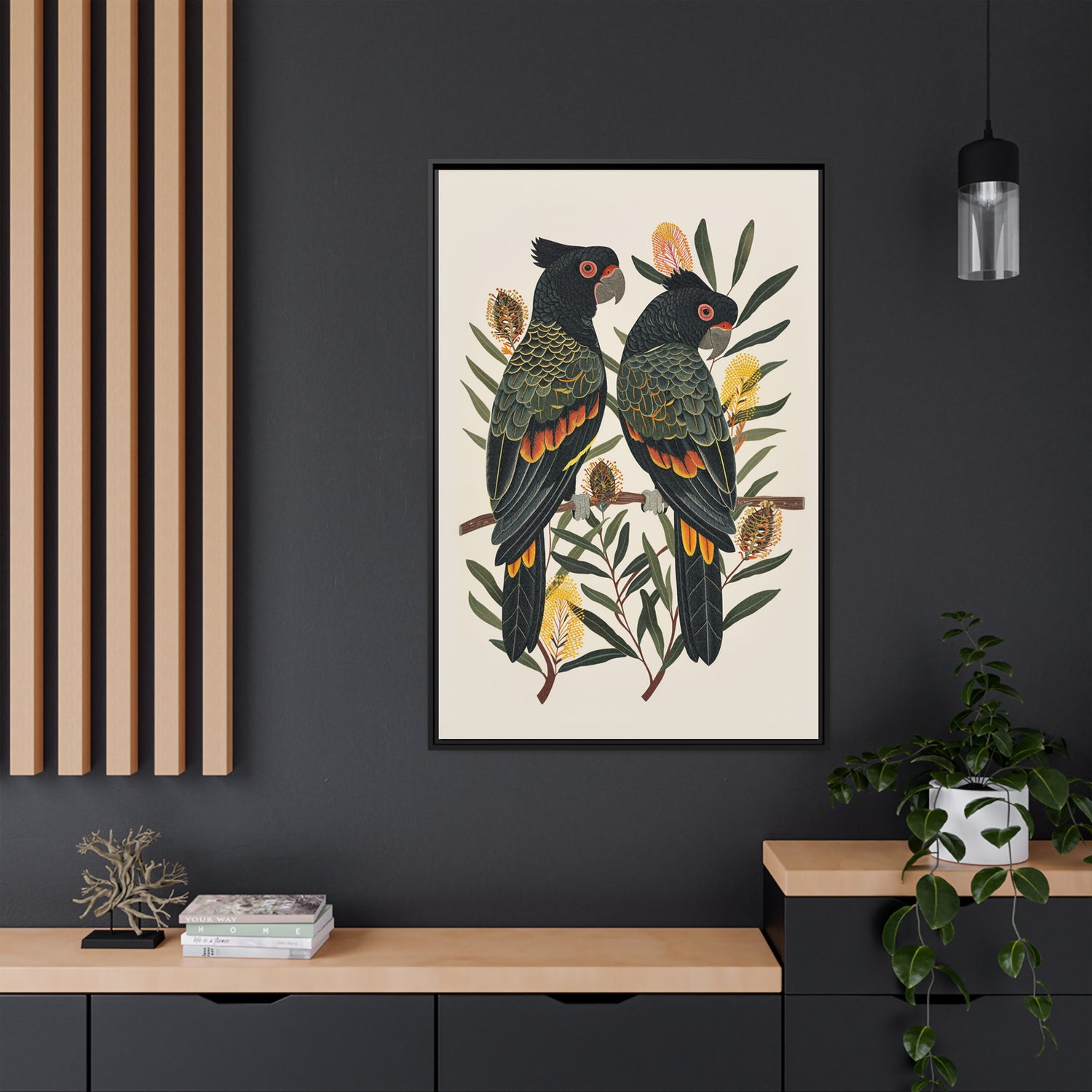 Framed Canvas - Black Cockatoos Among Banksia