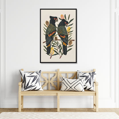 Framed Canvas - Black Cockatoos Among Banksia
