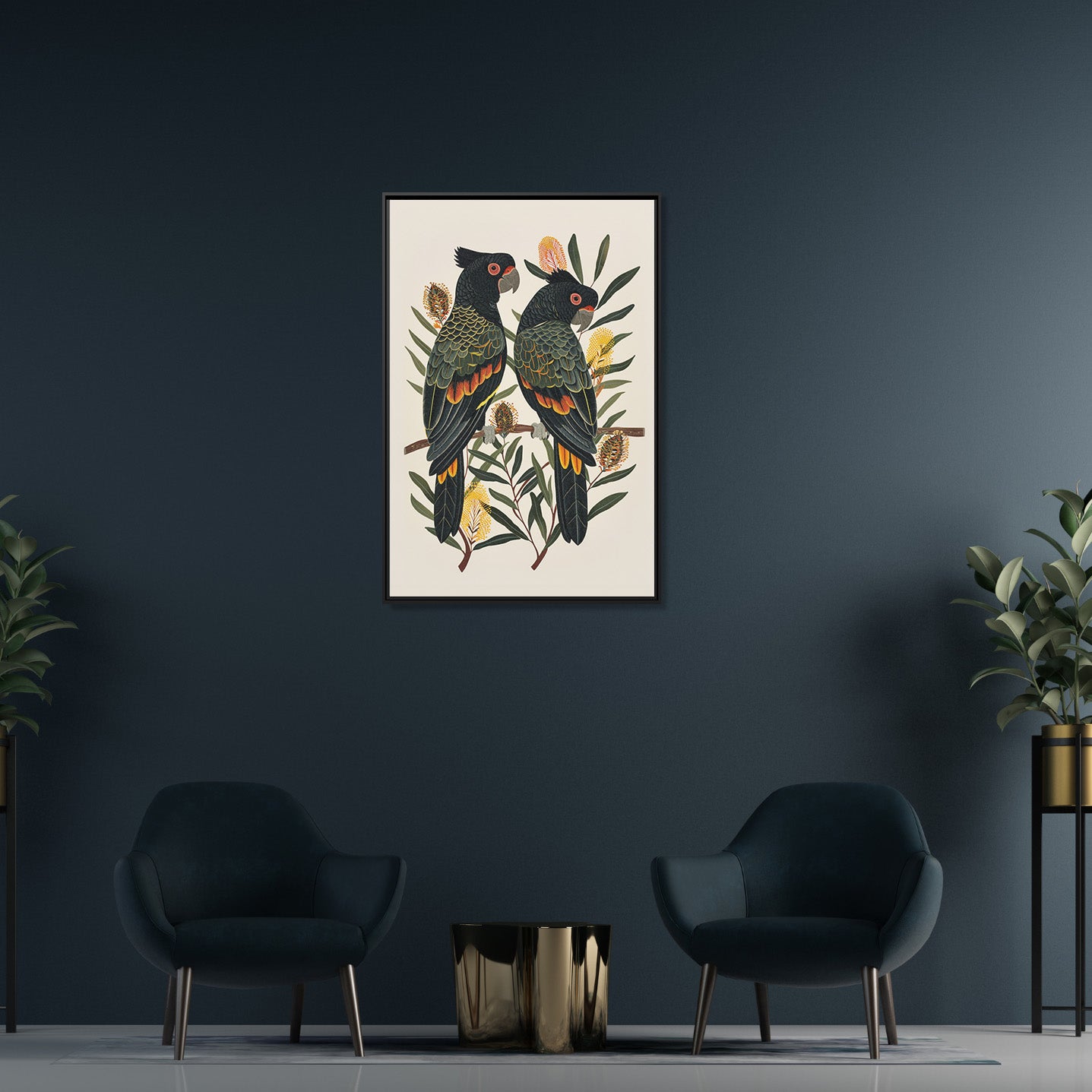 Framed Canvas - Black Cockatoos Among Banksia