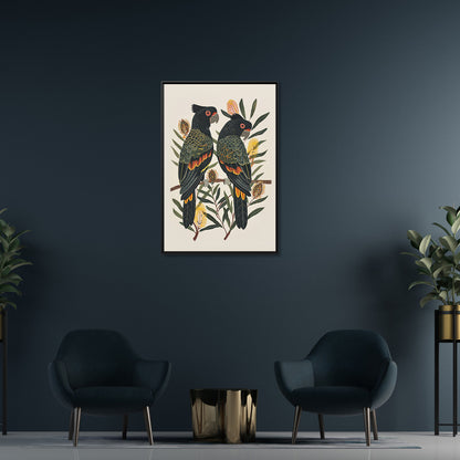 Framed Canvas - Black Cockatoos Among Banksia