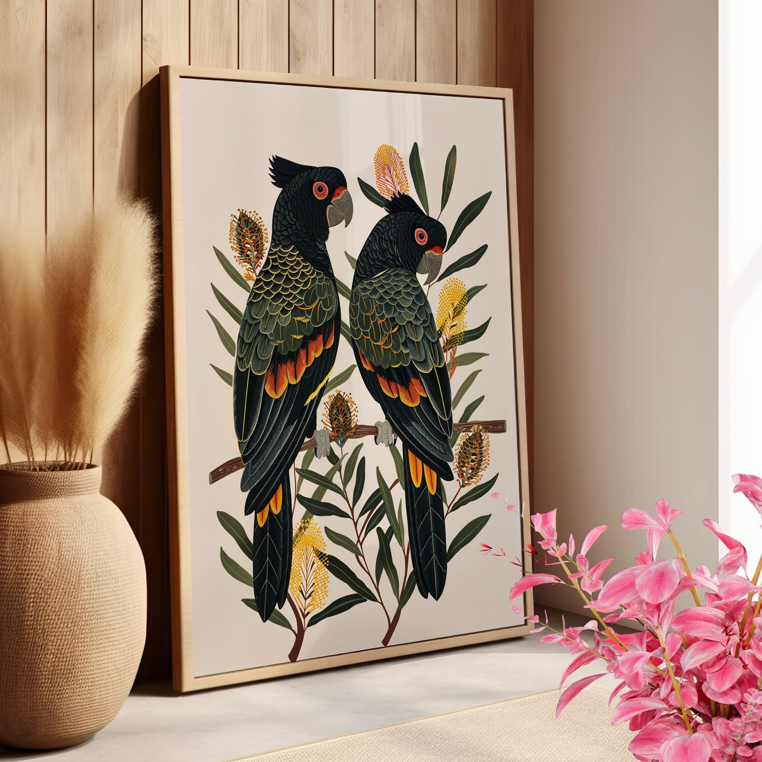 Black Cockatoos Among Banksia