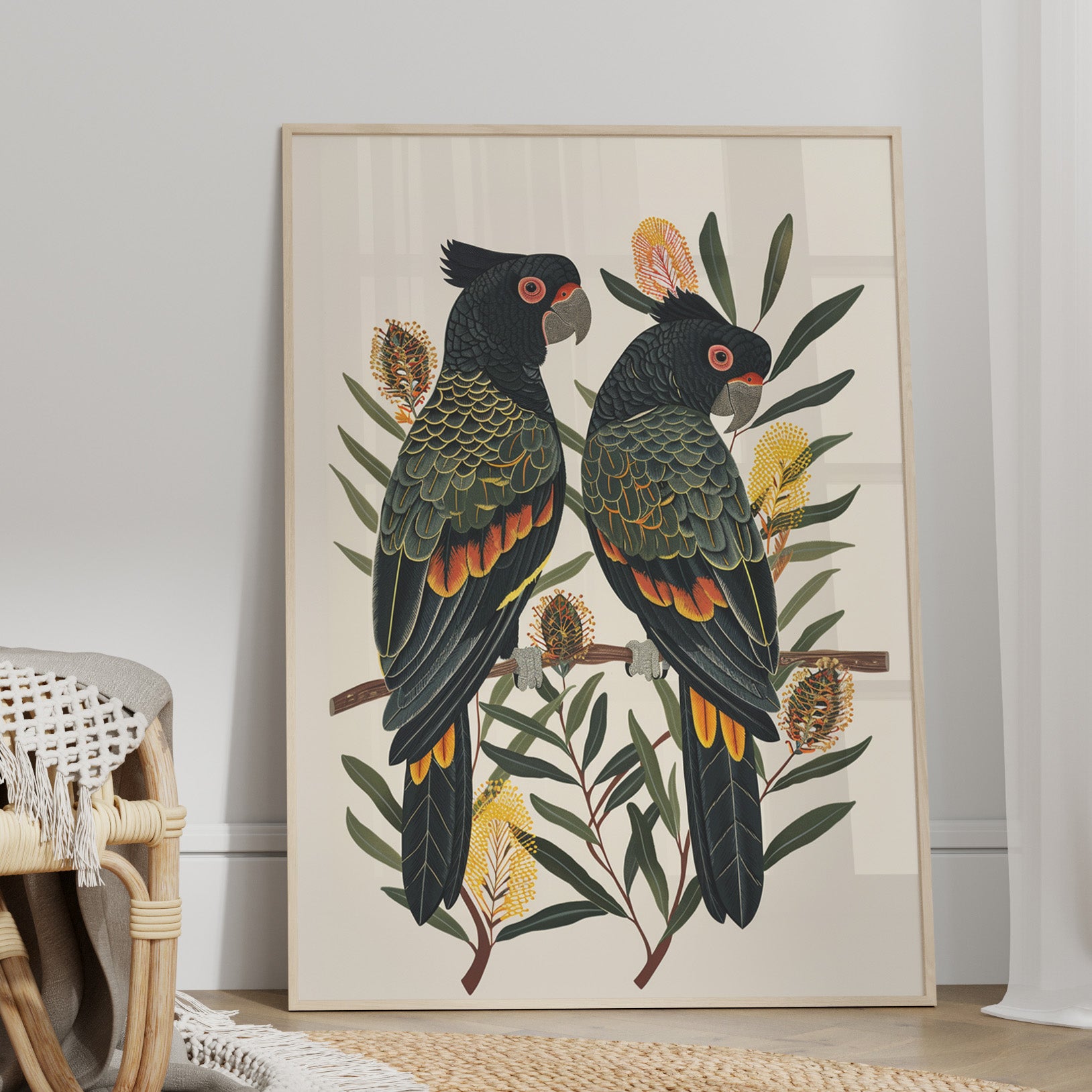 Black Cockatoos Among Banksia