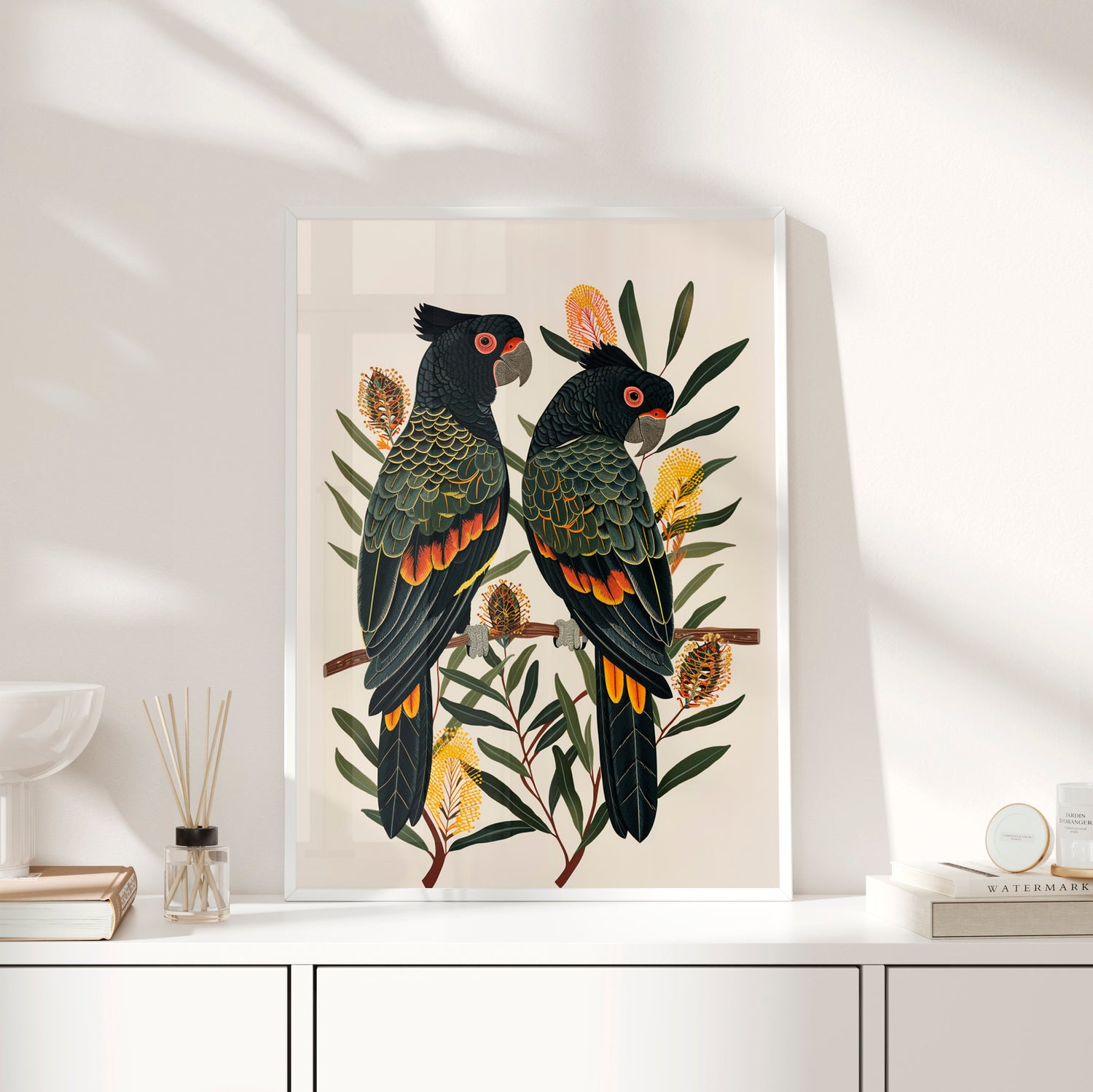 Framed Paper Print - Black Cockatoos Among Banksia