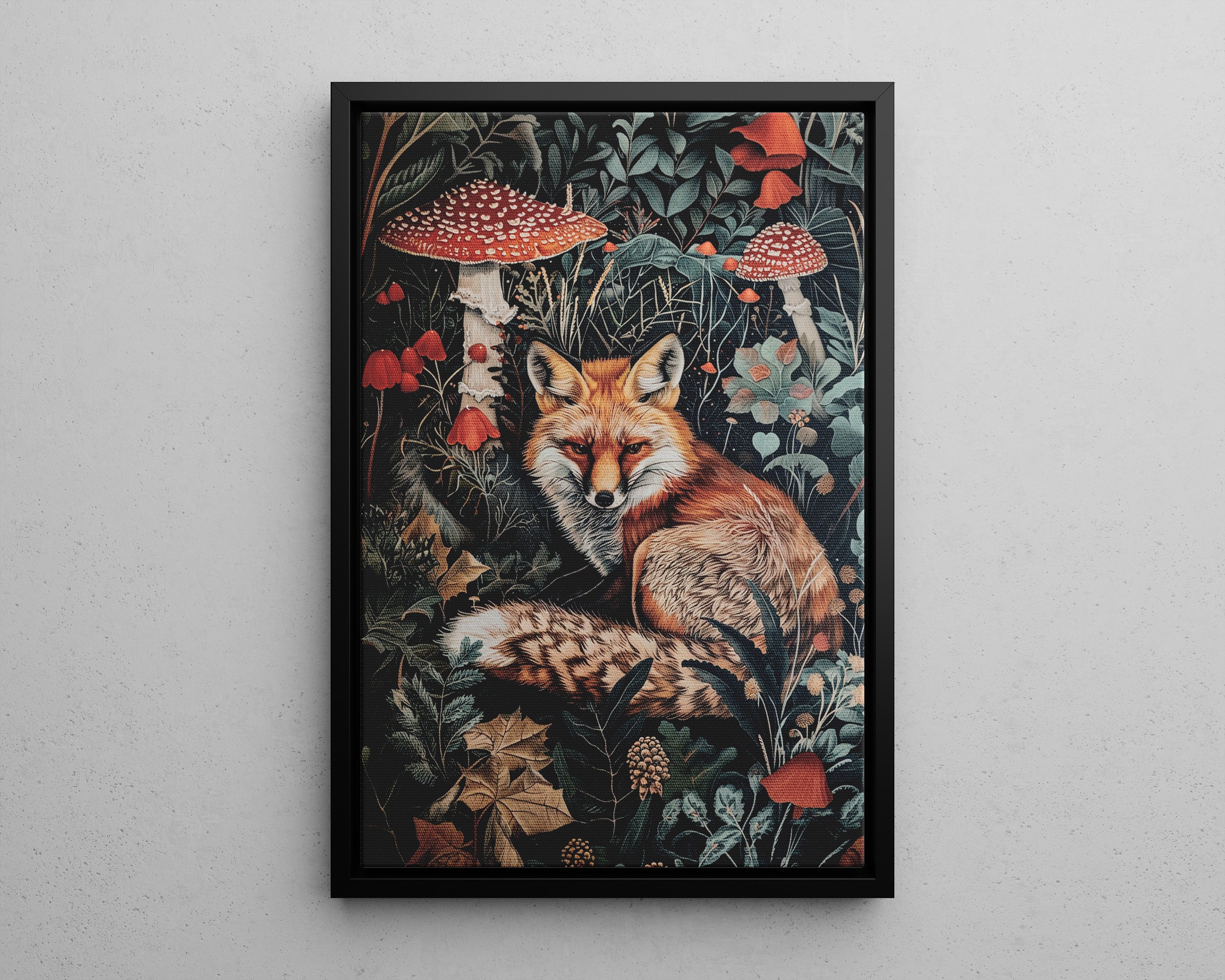 Framed Canvas - Forest Fox with Mushrooms
