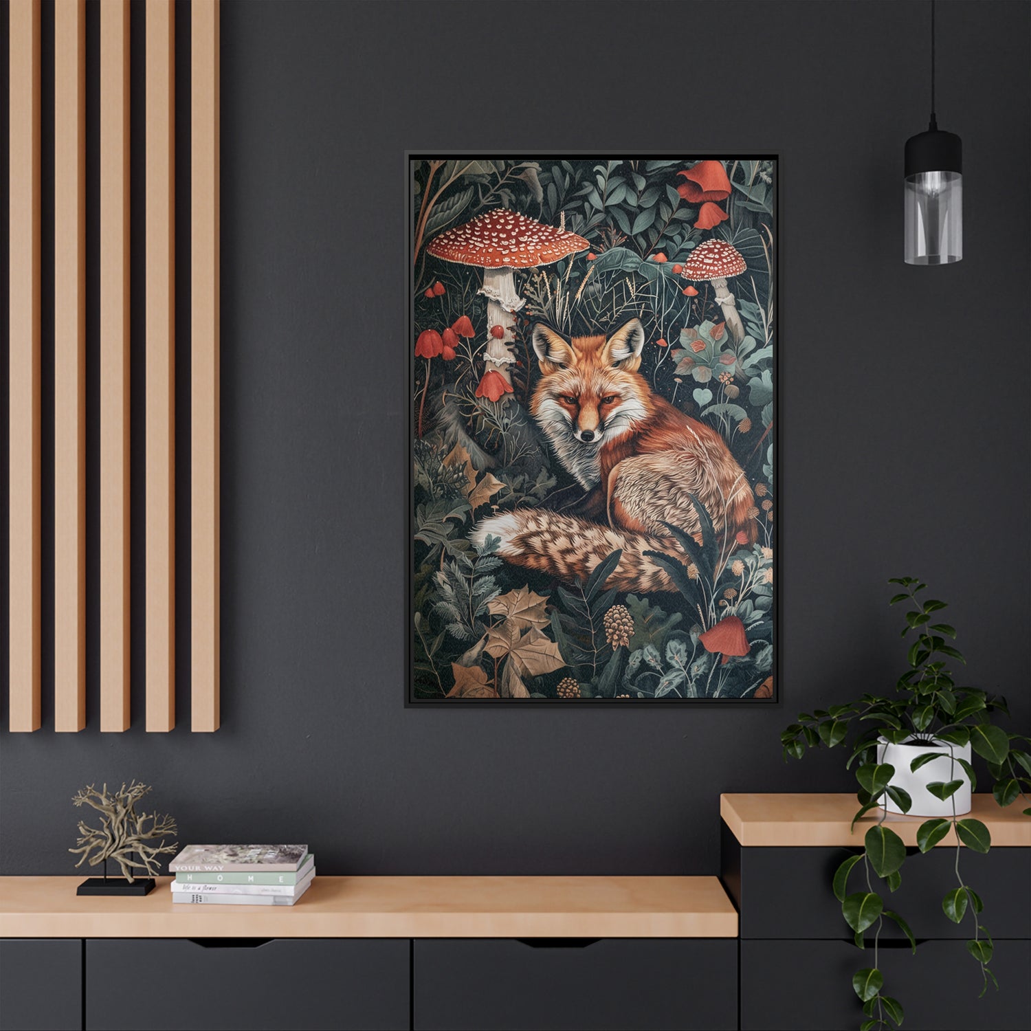 Framed Canvas - Forest Fox with Mushrooms