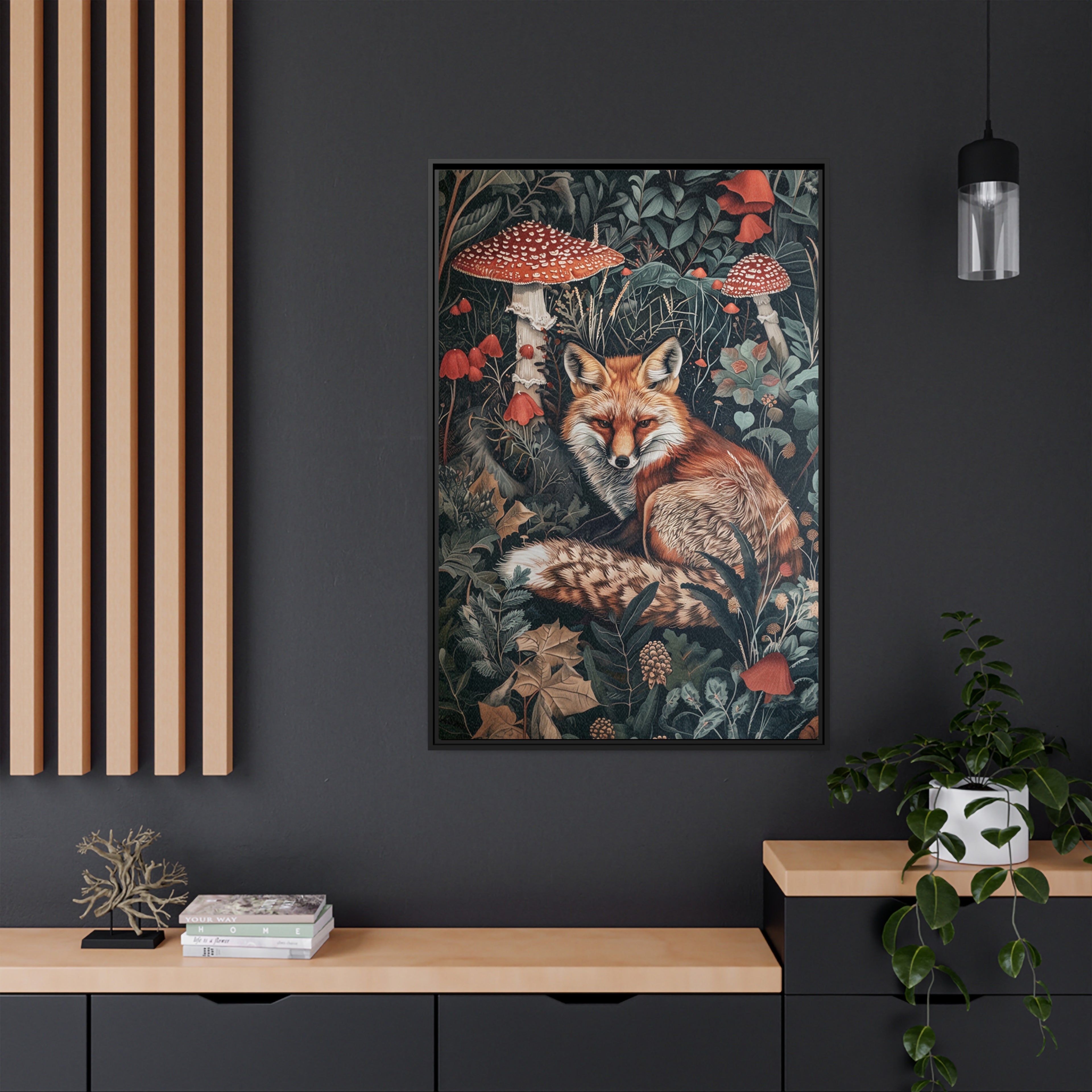 Framed Canvas - Forest Fox with Mushrooms
