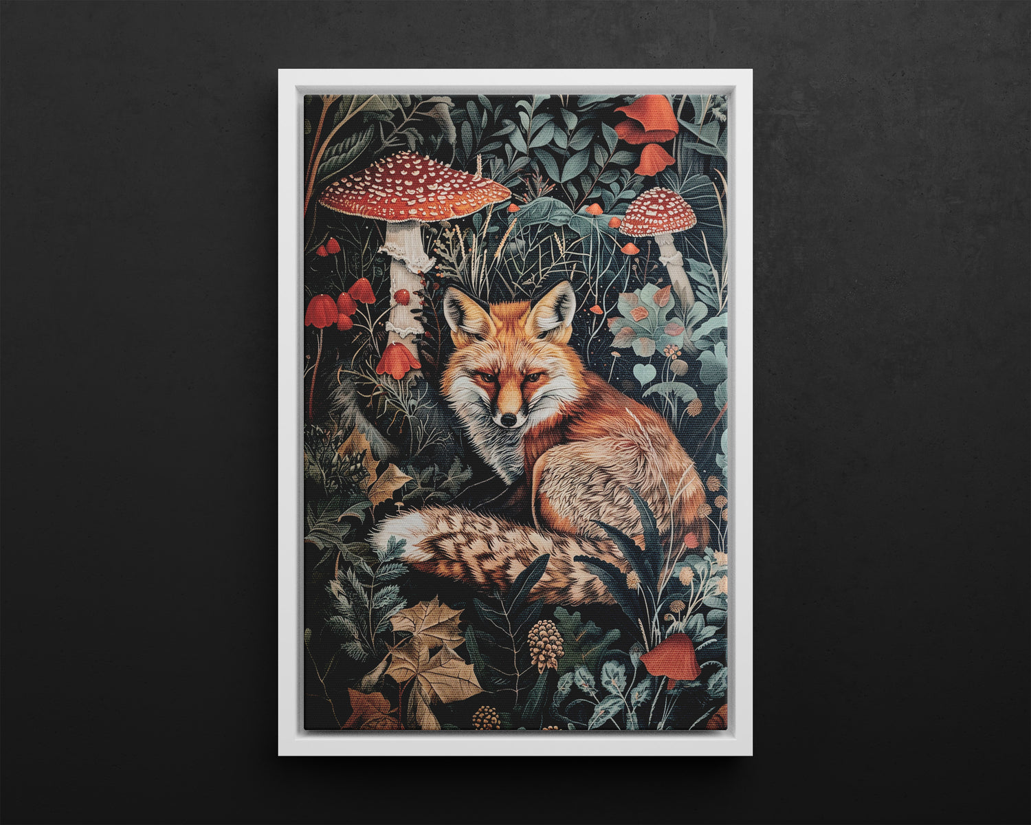 Framed Canvas - Forest Fox with Mushrooms