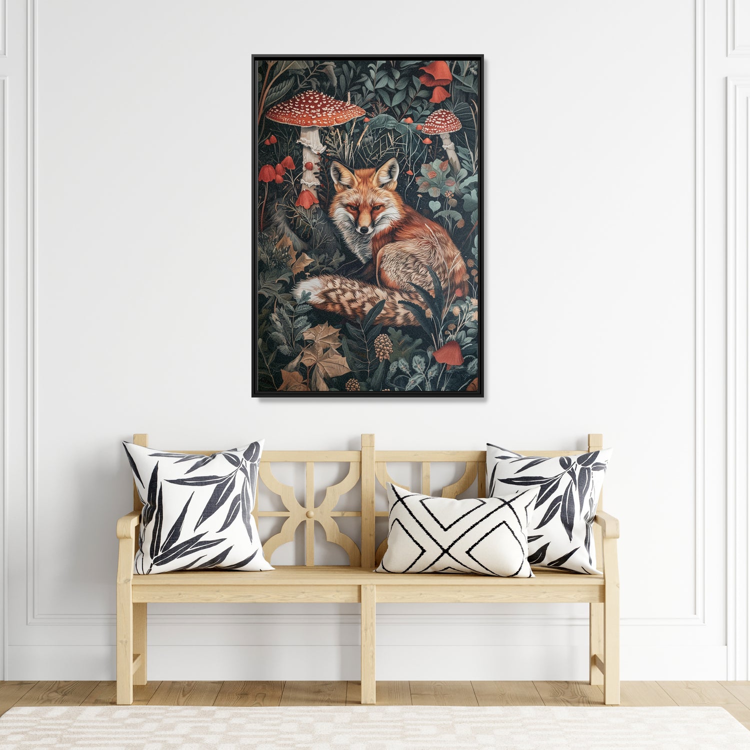 Framed Canvas - Forest Fox with Mushrooms