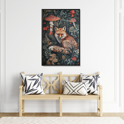 Framed Canvas - Forest Fox with Mushrooms