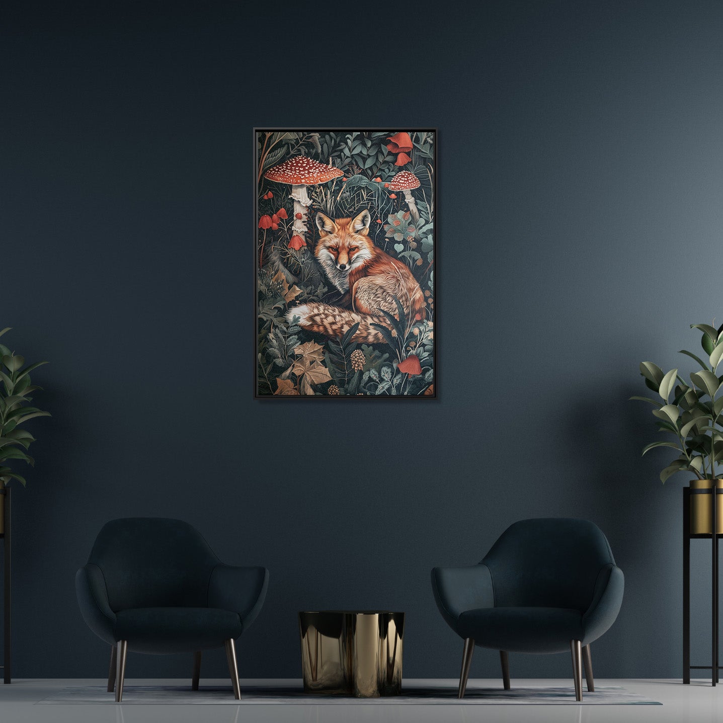 Framed Canvas - Forest Fox with Mushrooms