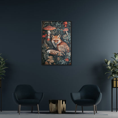 Framed Canvas - Forest Fox with Mushrooms